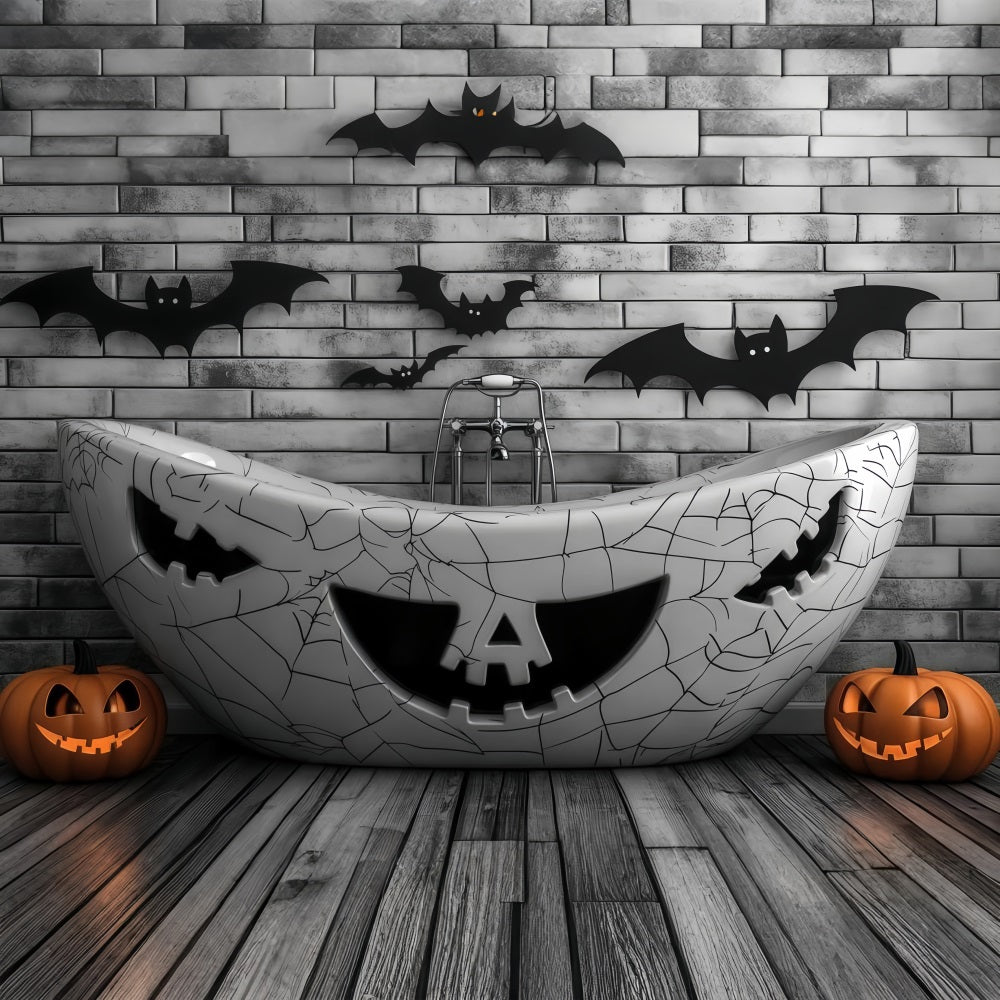 Halloween Haunted Bathtub with Pumpkin Carvings and Bats Halloween Backdrop Ideas UK TWW58-23