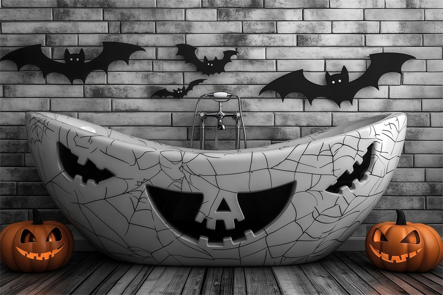 Halloween Haunted Bathtub with Pumpkin Carvings and Bats Halloween Backdrop Ideas UK TWW58-23