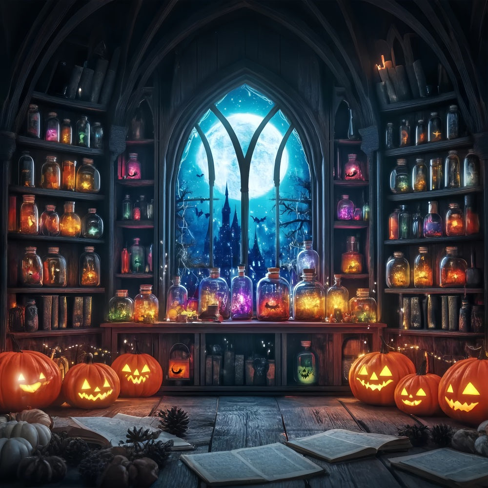 Halloween Wall Backdrop Moonlit Potion Room with Pumpkins and Jars Halloween Backdrop Ideas UK TWW58-24