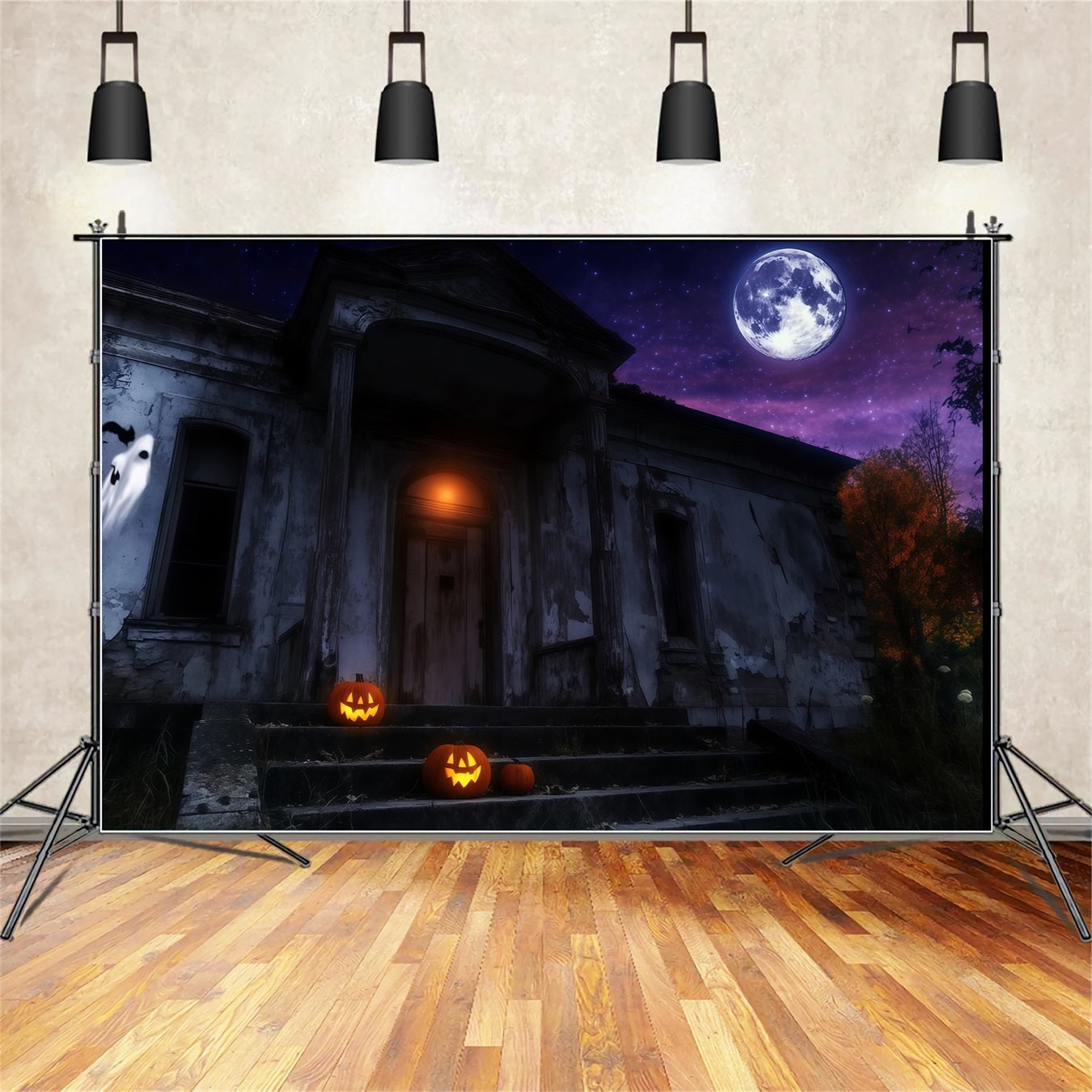 Haunted House Backdrop Haunted Mansion with Glowing Pumpkins Under Moon Halloween Backdrop Ideas UK TWW58-25