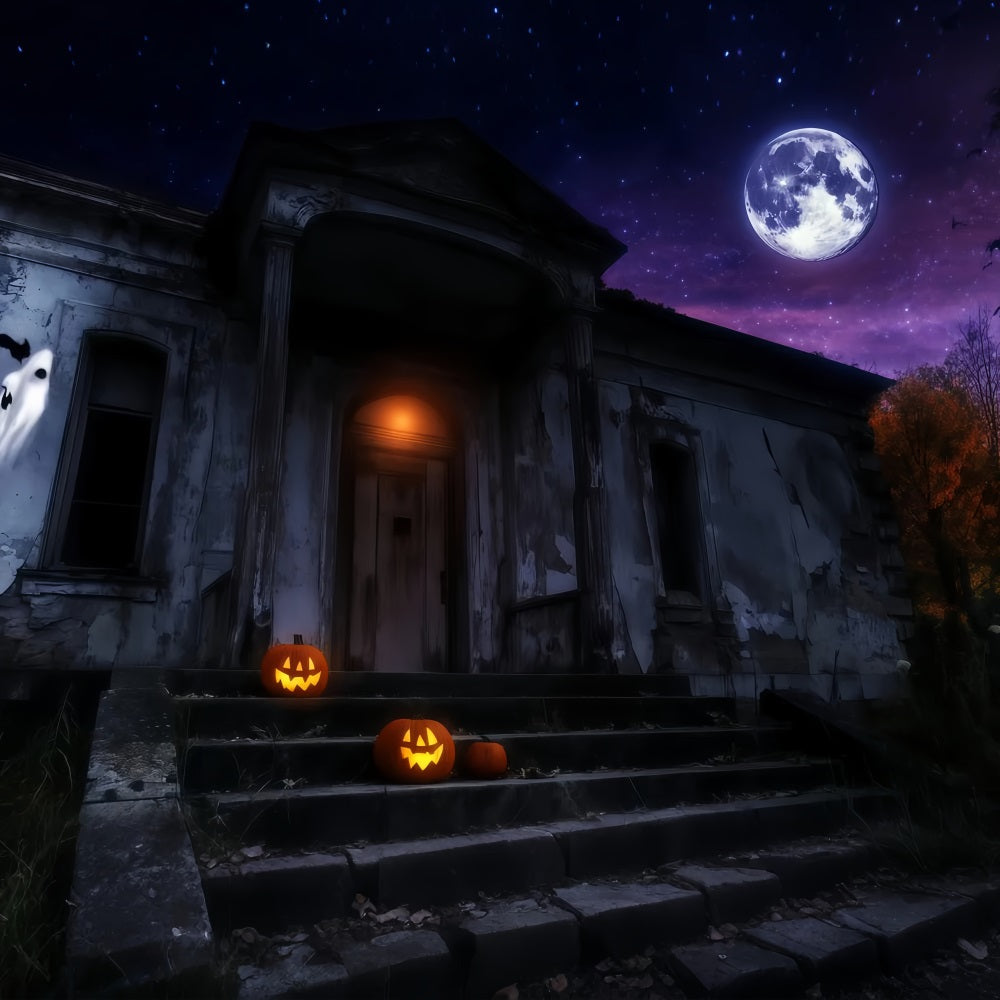 Haunted House Backdrop Haunted Mansion with Glowing Pumpkins Under Moon Halloween Backdrop Ideas UK TWW58-25
