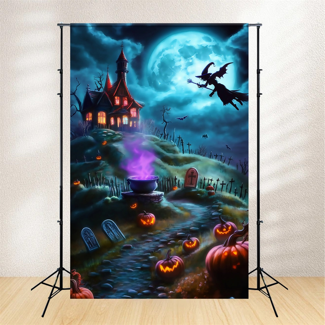 Halloween Witch Flying Over Spooky Hilltop Graveyard Halloween Backdrops for Photos UK TWW58-26
