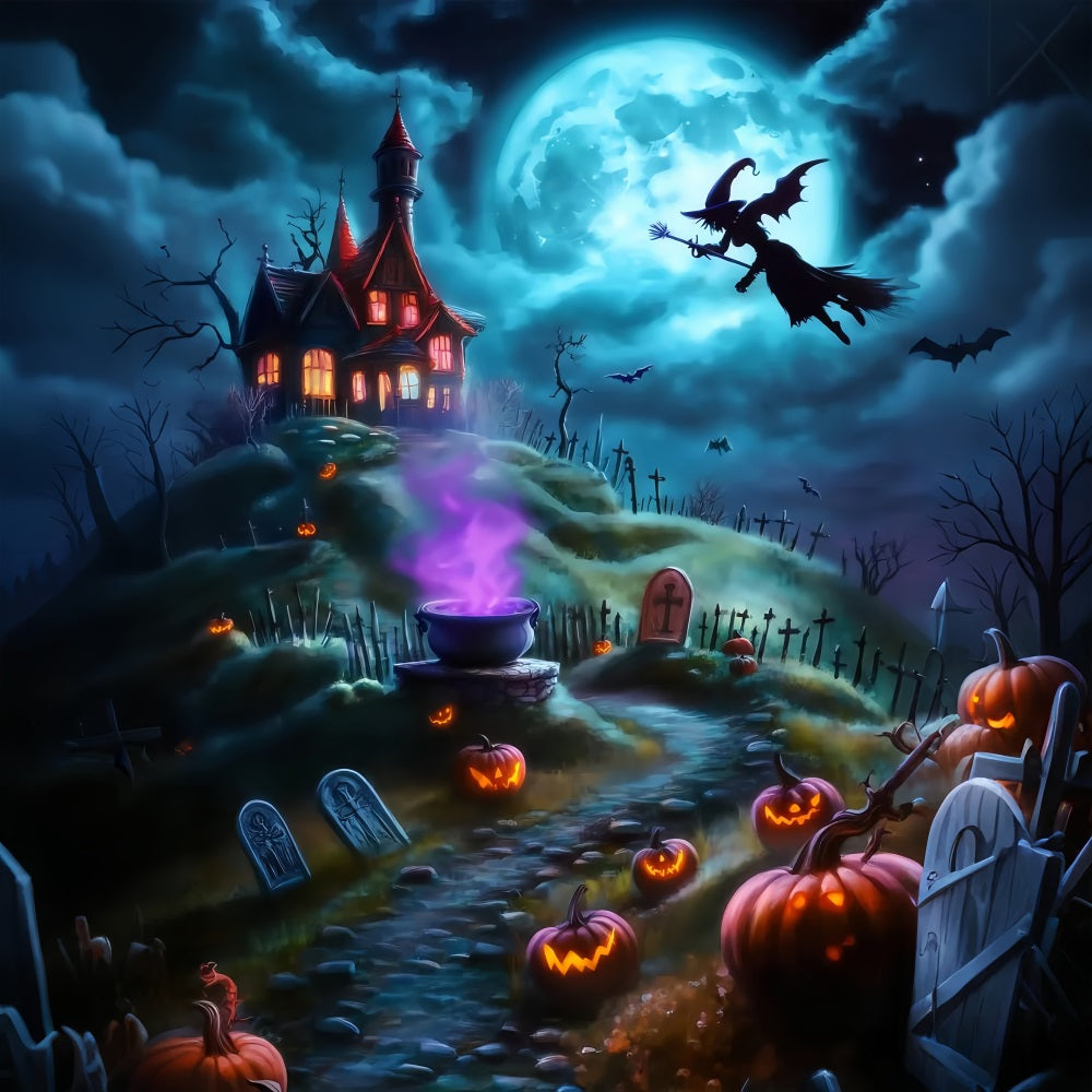 Halloween Witch Flying Over Spooky Hilltop Graveyard Halloween Backdrops for Photos UK TWW58-26