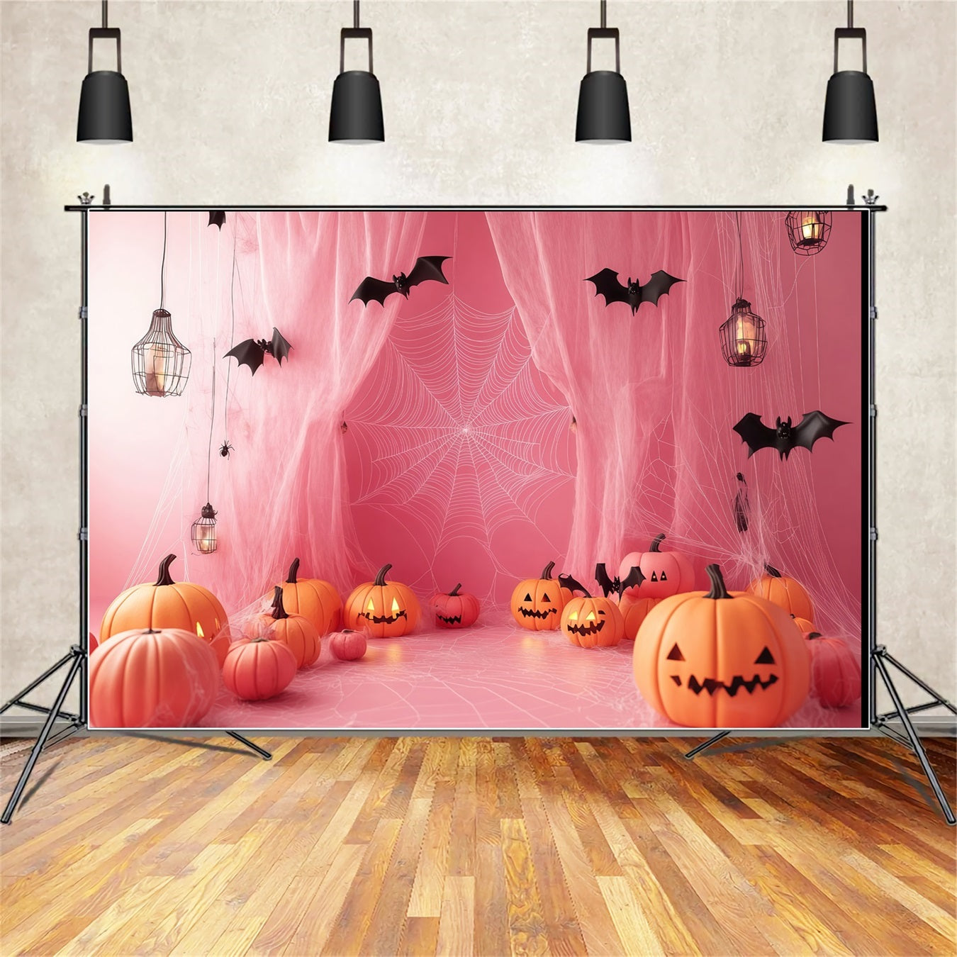 Halloween Pink Spiderweb Drapes with Jack-O’-Lanterns Halloween Backdrops for Photos UK TWW58-27