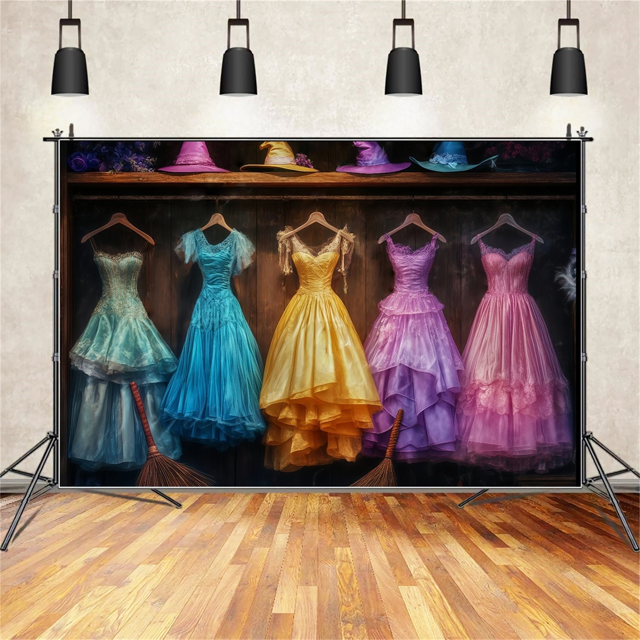 Halloween Colorful Witch Gowns with Matching Hats and Brooms Halloween Backdrops for Photos UK TWW58-29