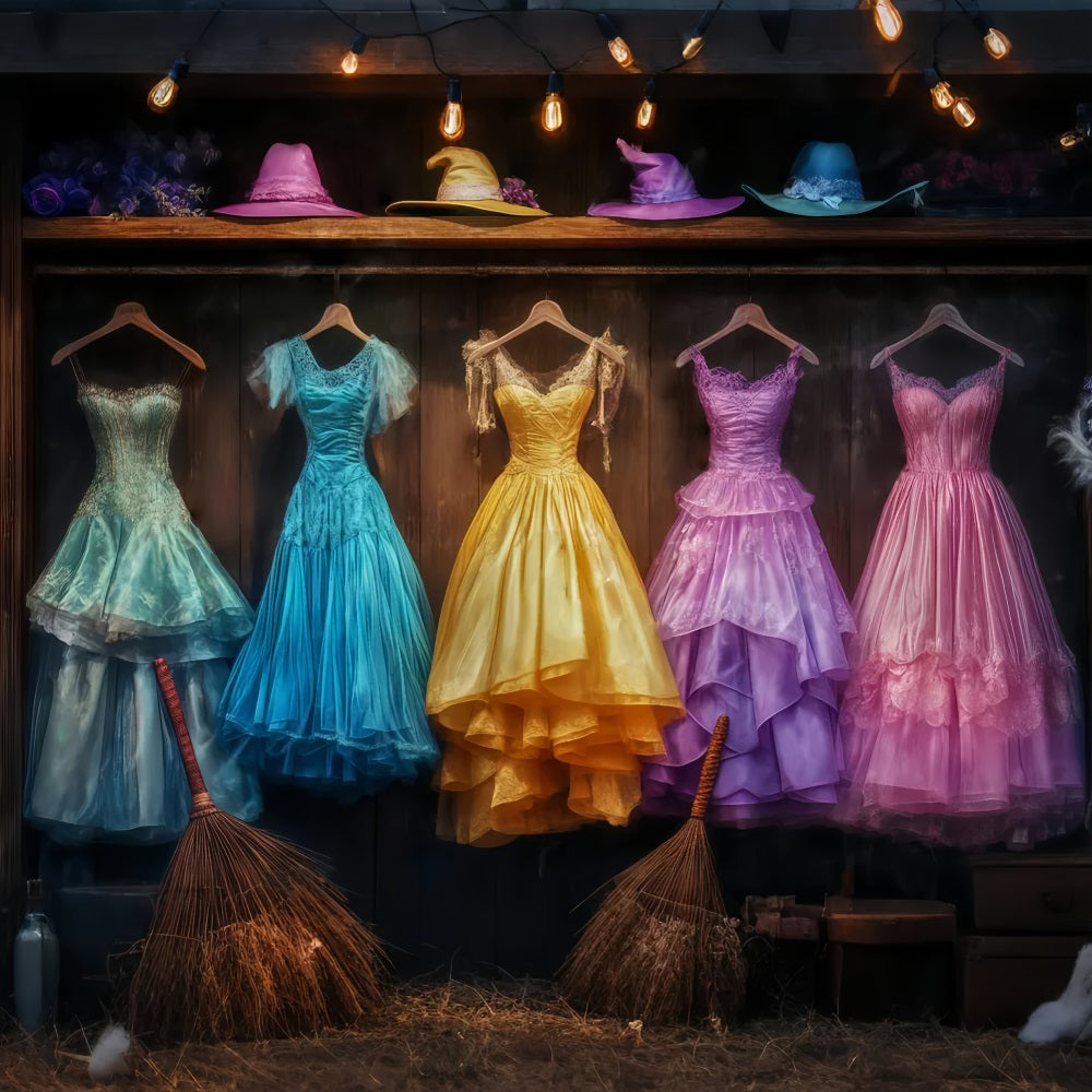 Halloween Colorful Witch Gowns with Matching Hats and Brooms Halloween Backdrops for Photos UK TWW58-29