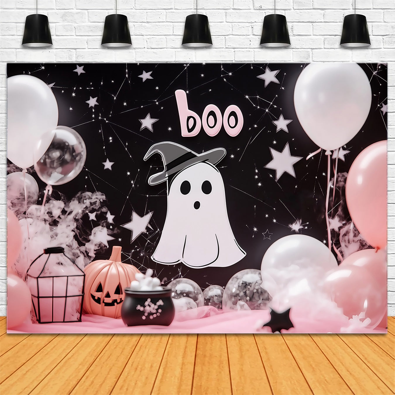 Halloween Wall Backdrop Cute Ghost with Pink Balloon Decor Halloween Backdrop UK TWW58-3
