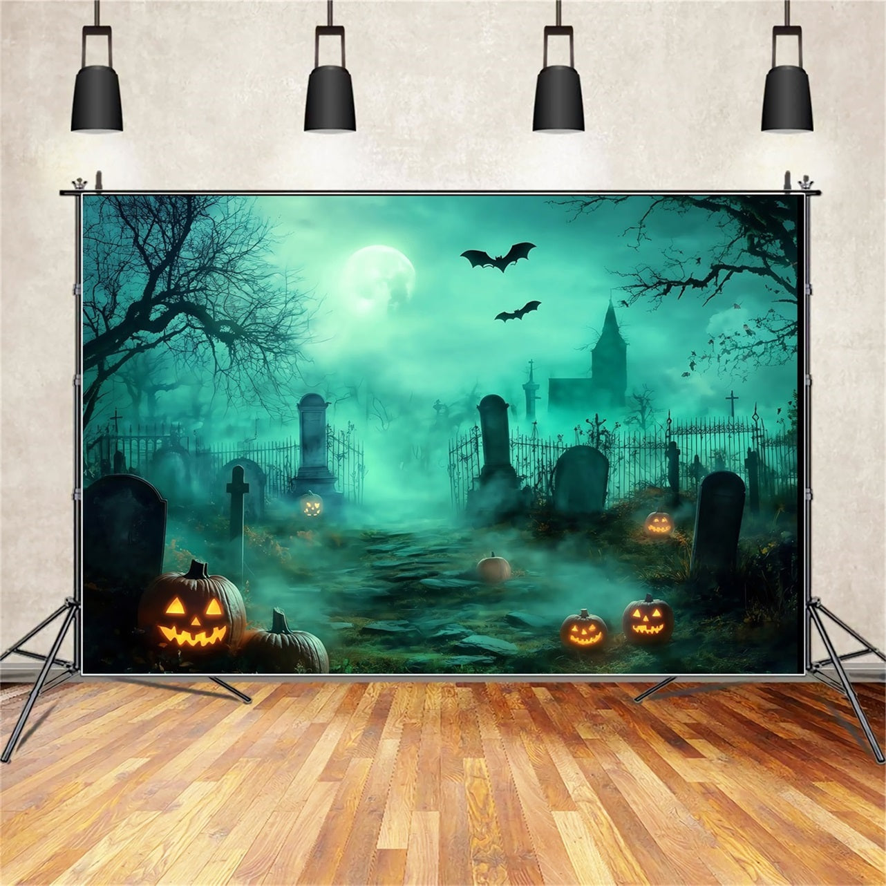Halloween Graveyard Backdrop Foggy Graveyard Path with Glowing Jack-O’-Lanterns Halloween Backdrops for Photos UK TWW58-30