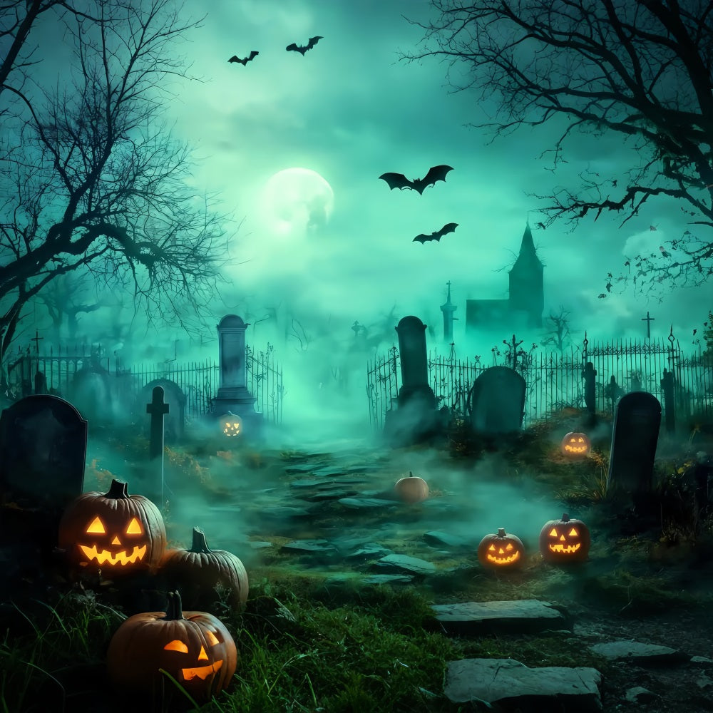 Halloween Graveyard Backdrop Foggy Graveyard Path with Glowing Jack-O’-Lanterns Halloween Backdrops for Photos UK TWW58-30