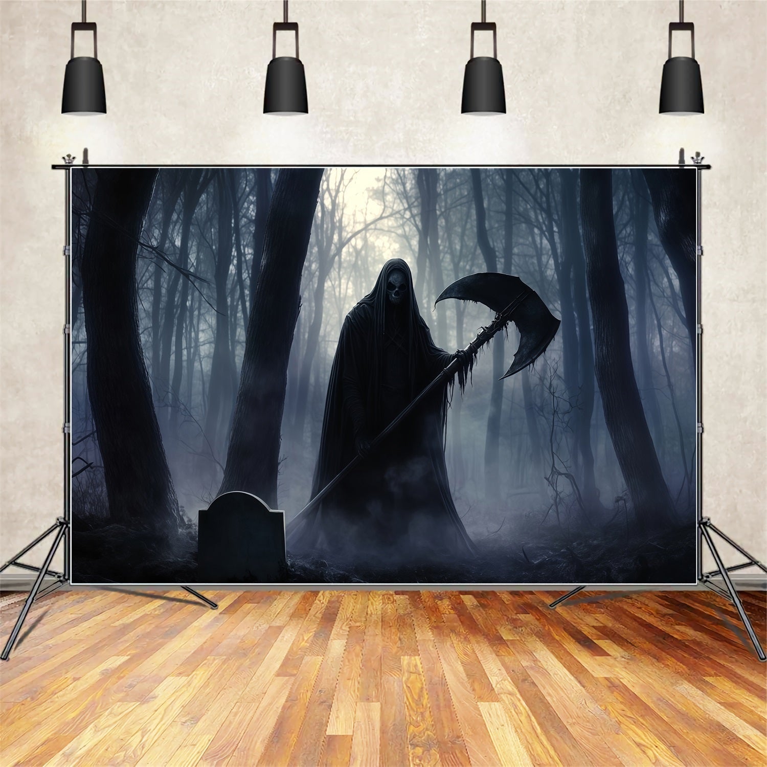 Garage Door Halloween Backdrop Grim Reaper Holding Scythe in Dark Forest Halloween Photo Backdrops UK TWW58-31