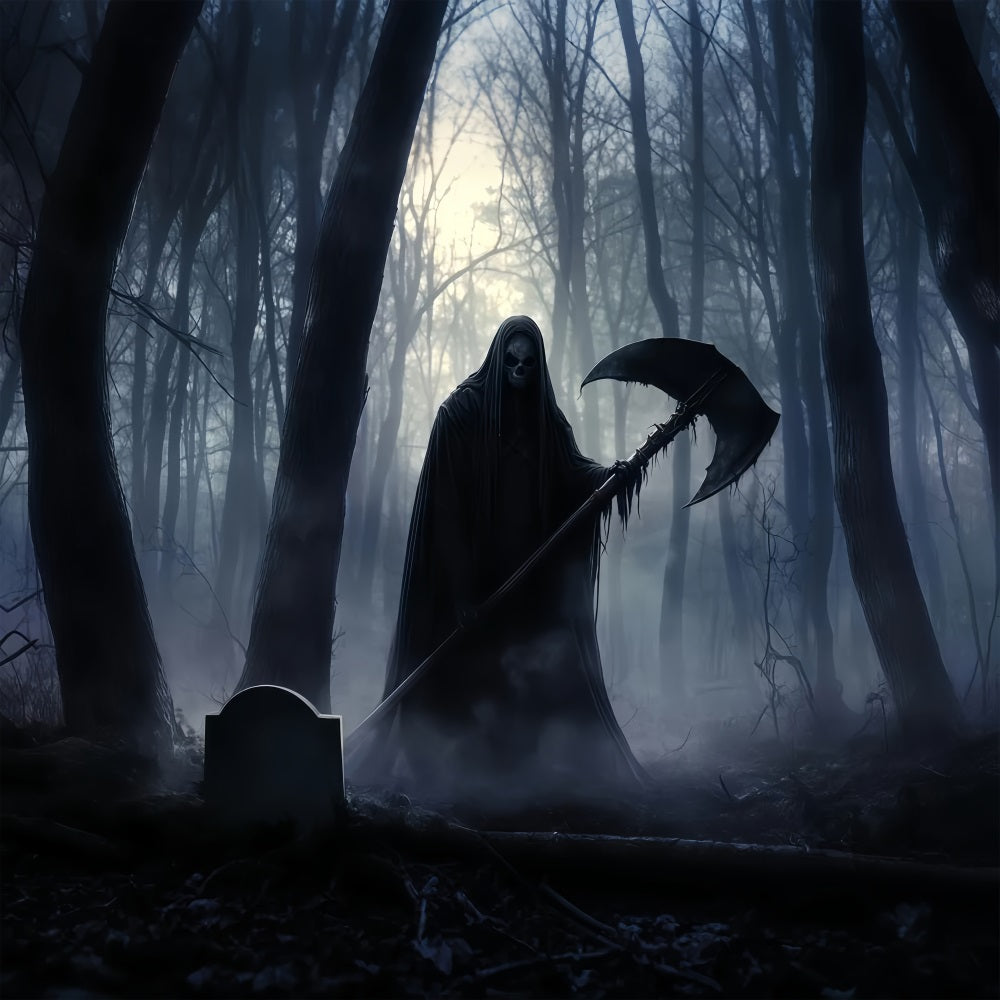 Garage Door Halloween Backdrop Grim Reaper Holding Scythe in Dark Forest Halloween Photo Backdrops UK TWW58-31