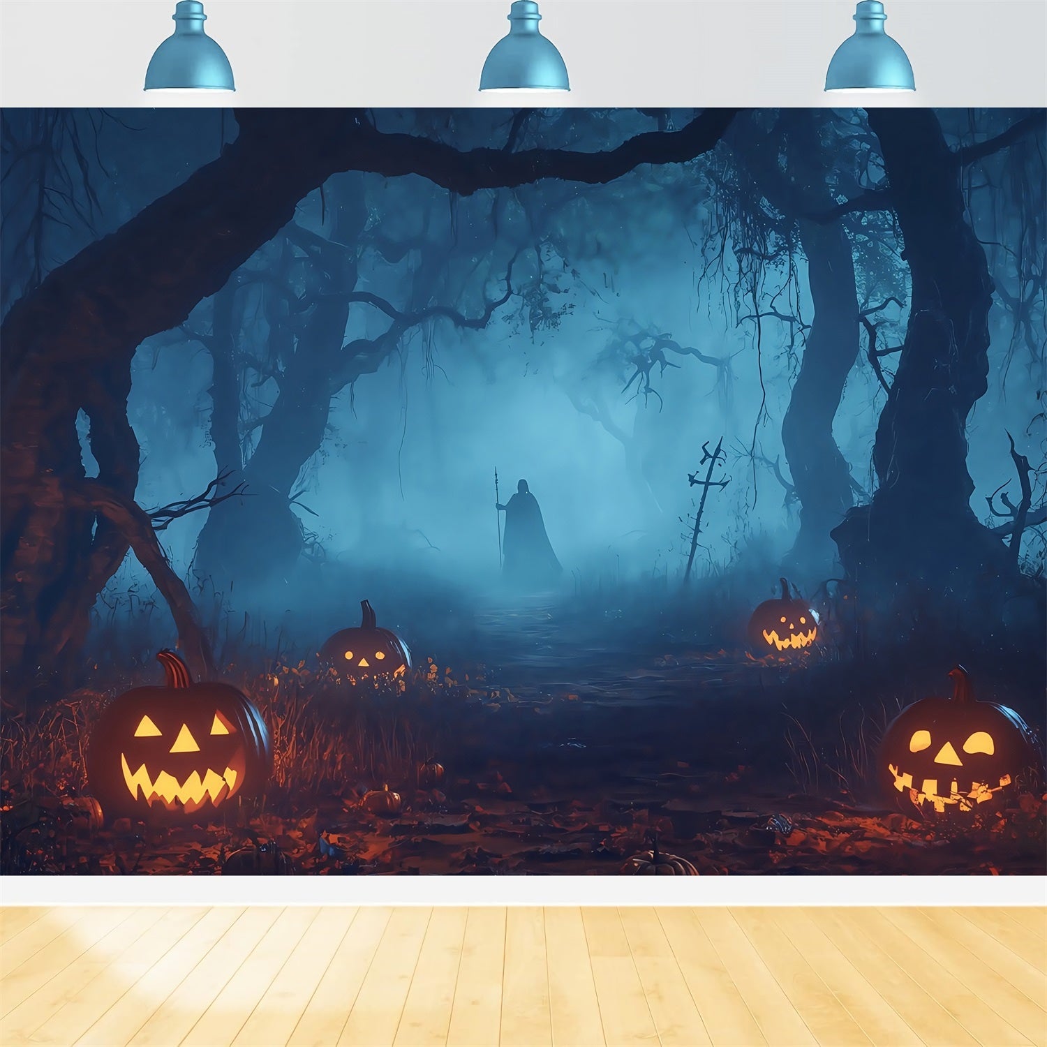 Halloween Graveyard Backdrop Pumpkin-Lit Haunted Forest with Mysterious Figure Halloween Photo Backdrops UK TWW58-32