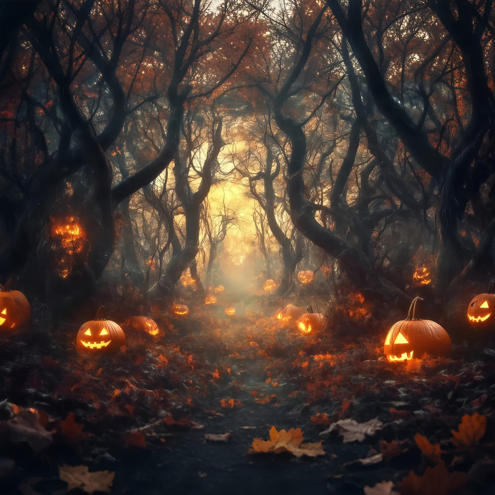 Halloween Graveyard Backdrop Glowing Jack O’Lantern Forest Path Halloween Photo Backdrops UK TWW58-33