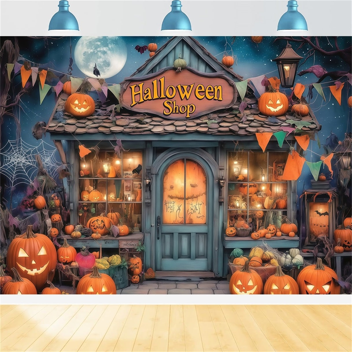 Haunted House Backdrop Pumpkin Filled Spooky Halloween Shopfront Halloween Photo Backdrops UK TWW58-34