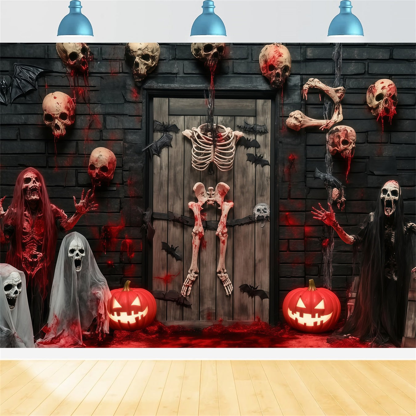 Garage Door Halloween Backdrop Bloody Skeletons and Skulls Haunted Door Scary Halloween Backdrops UK TWW58-35