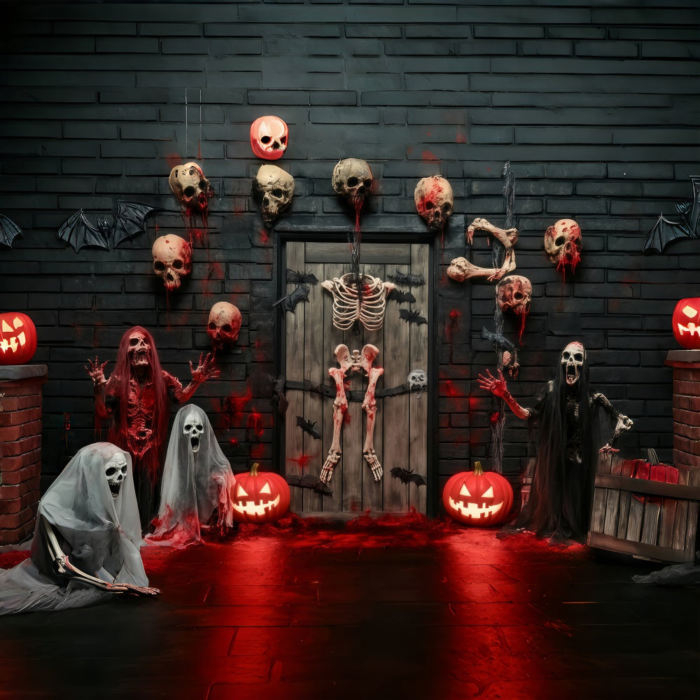 Garage Door Halloween Backdrop Bloody Skeletons and Skulls Haunted Door Scary Halloween Backdrops UK TWW58-35