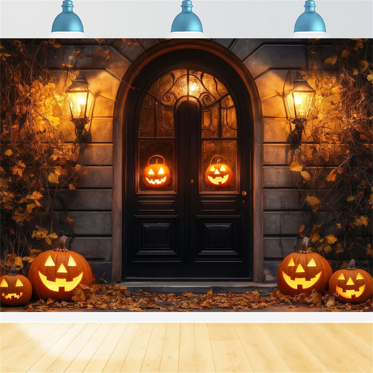 Garage Door Halloween Backdrop Glowing Jack-O’-Lanterns Rustic Doorway Spooky Halloween Backdrop UK TWW58-37