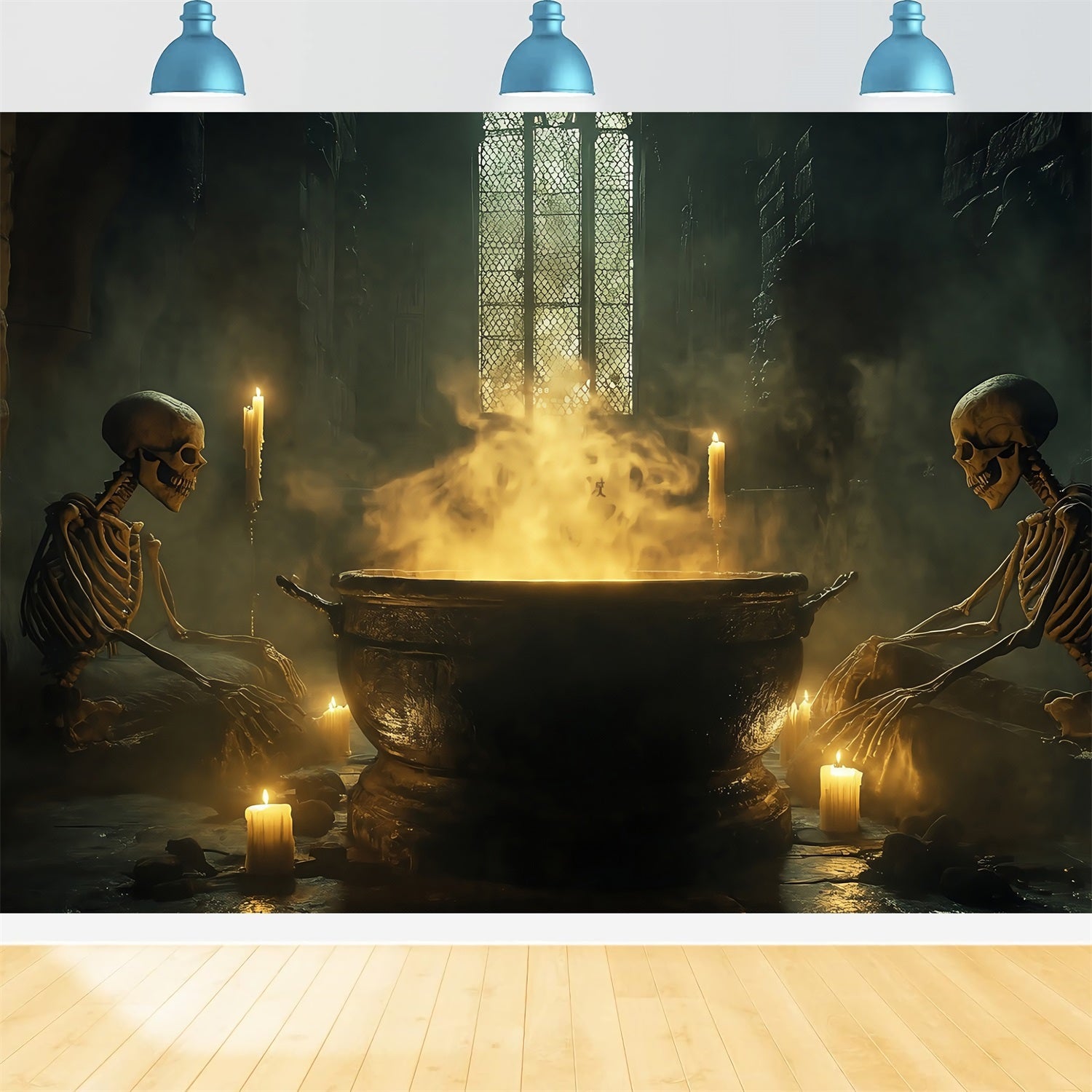 Haunted House Backdrop Skeletons Stirring Bubbling Witch Cauldron Spooky Halloween Backdrop UK TWW58-38