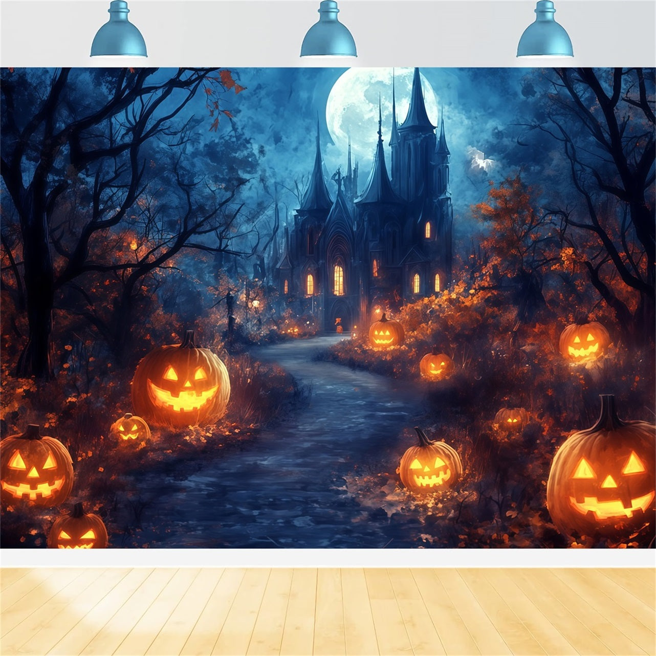 Halloween Moonlit Pathway to Haunted Pumpkin Castle Spooky Halloween Backdrop UK TWW58-39