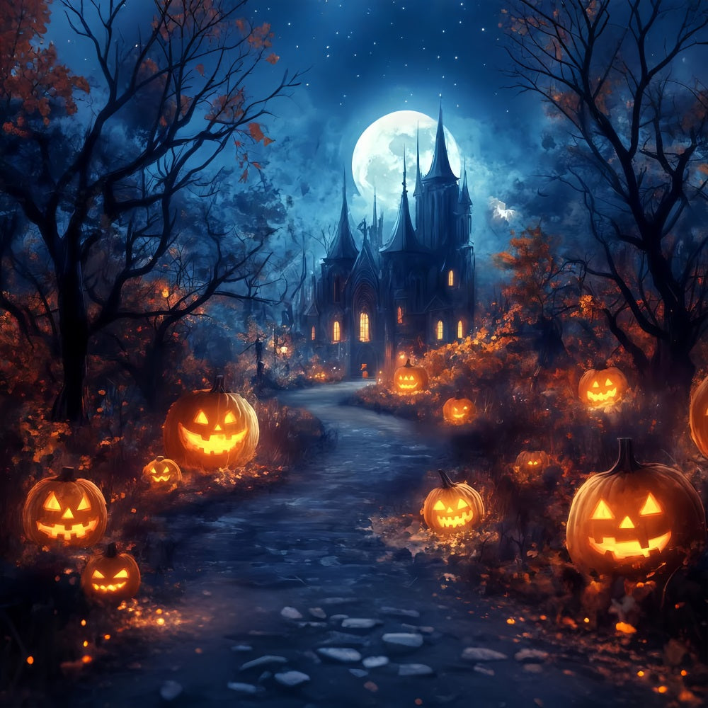 Halloween Moonlit Pathway to Haunted Pumpkin Castle Spooky Halloween Backdrop UK TWW58-39
