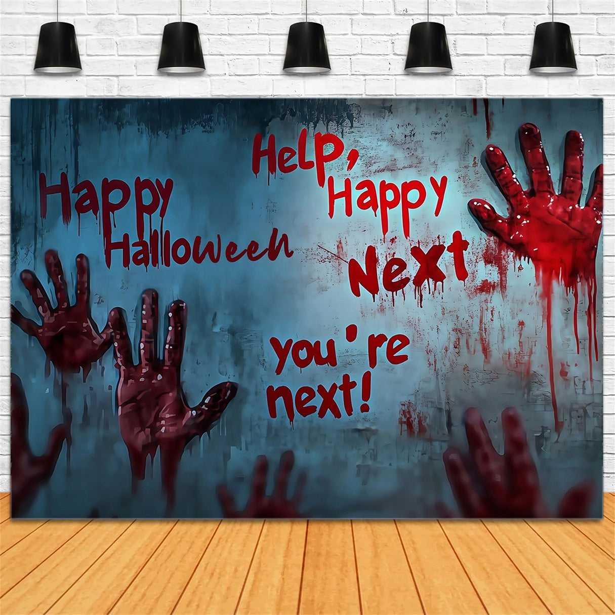 Garage Door Halloween Backdrop Bloody Handprints and Scary Warnings Scary Halloween Backdrops UK TWW58-4