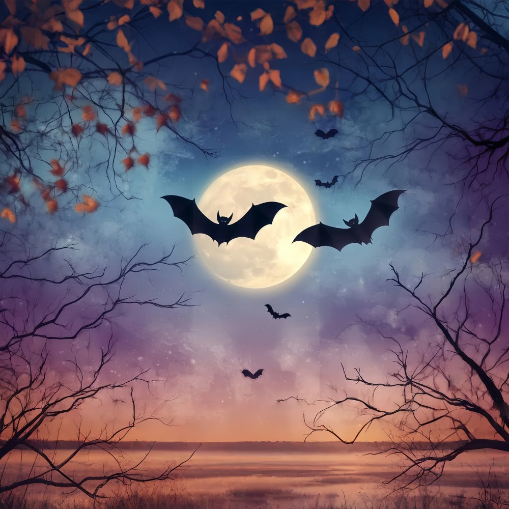 Halloween Full Moon Bats and Autumn Branches Halloween Photography Backdrop UK TWW58-41