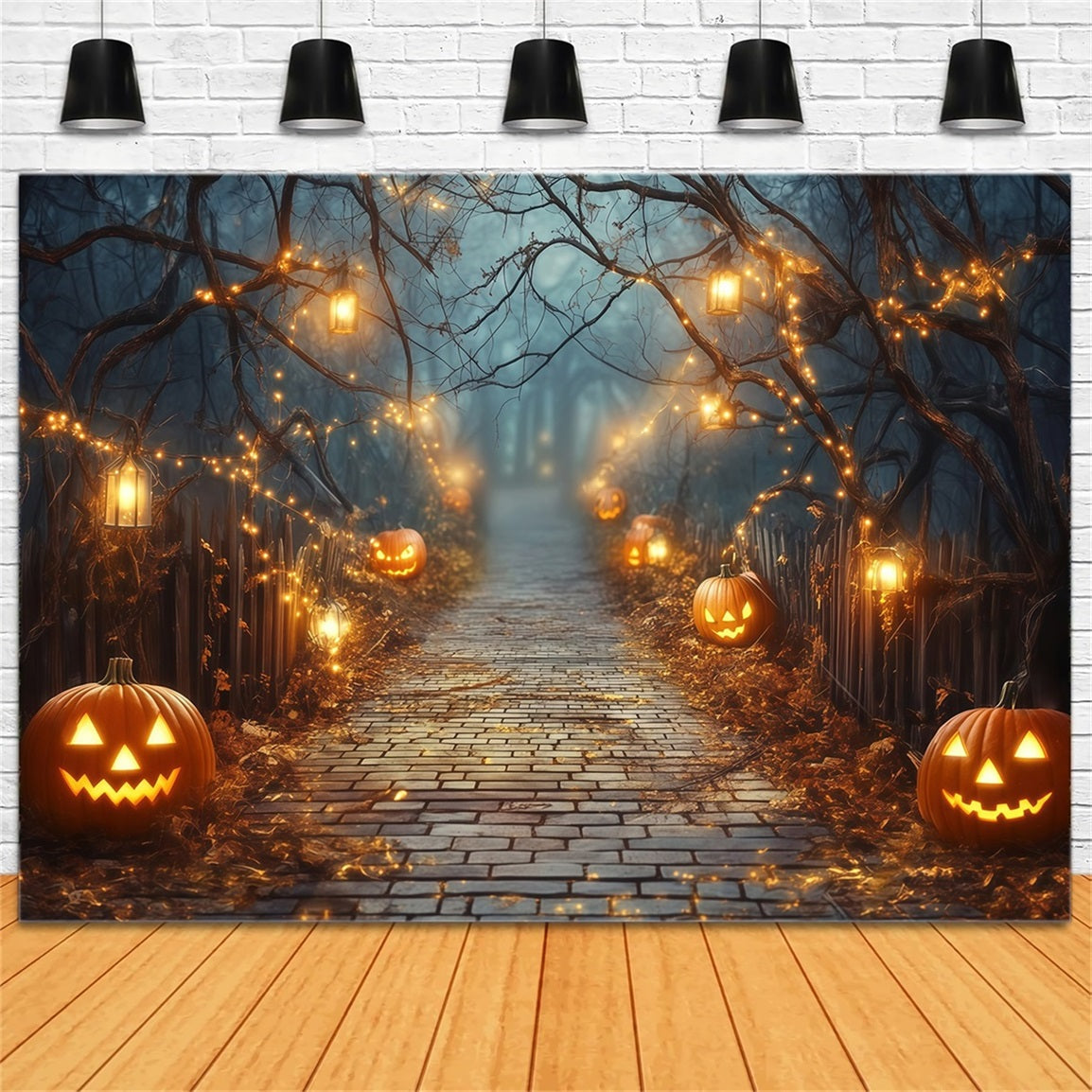 Halloween Glowing Jack-O’-Lantern Pathway with Lanterns Halloween Photography Backdrop UK TWW58-42