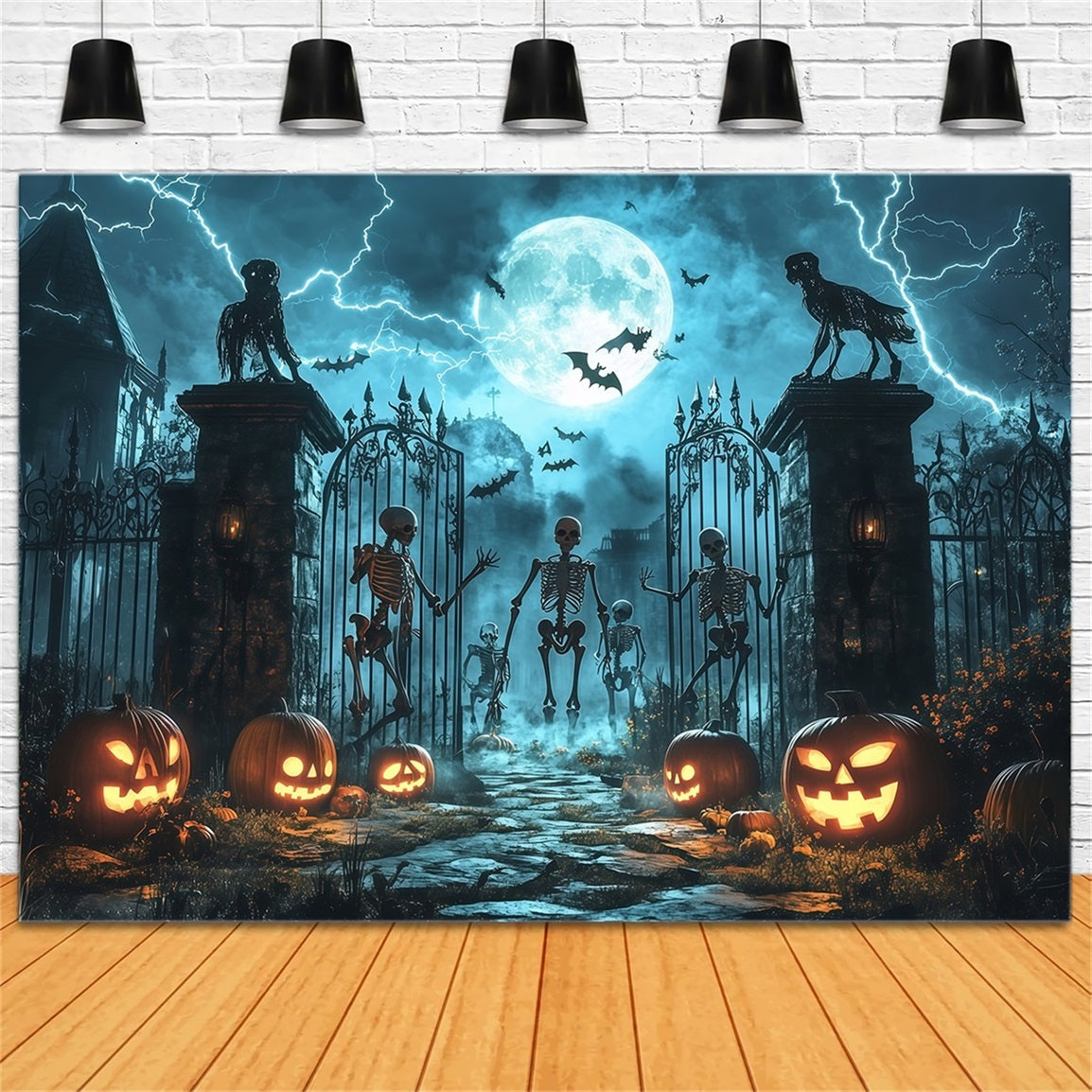 Halloween Skeletons and Pumpkins at Haunted Gates Halloween Photography Backdrop UK TWW58-43