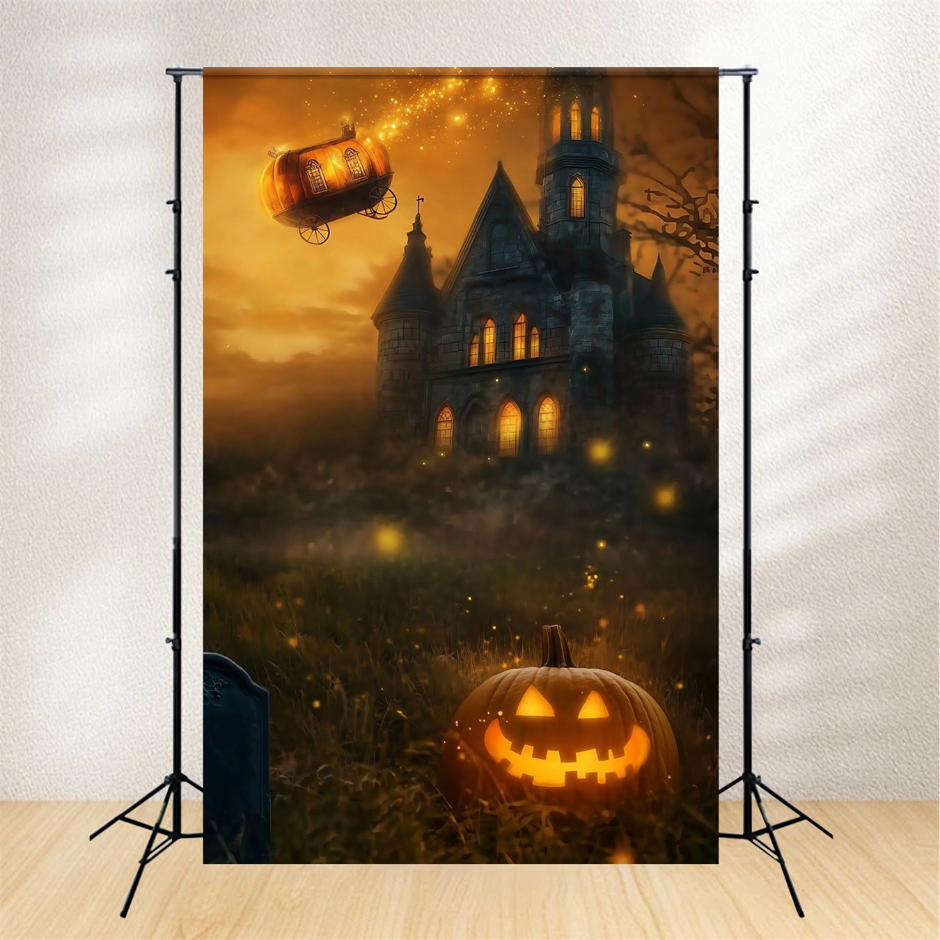 Halloween Graveyard Backdrop Pumpkin Carriage Flying over Spooky Castle Halloween Photography Backdrop UK TWW58-44