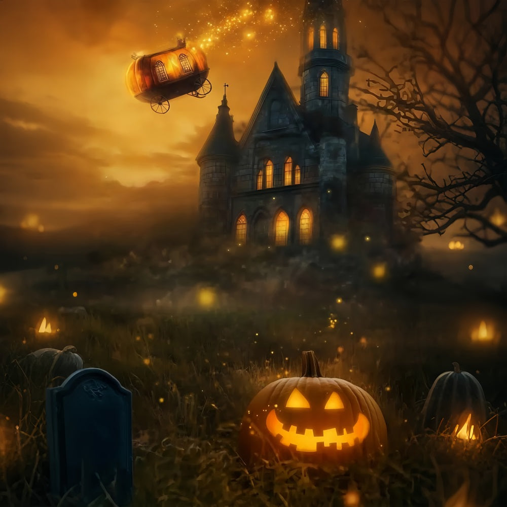Halloween Graveyard Backdrop Pumpkin Carriage Flying over Spooky Castle Halloween Photography Backdrop UK TWW58-44