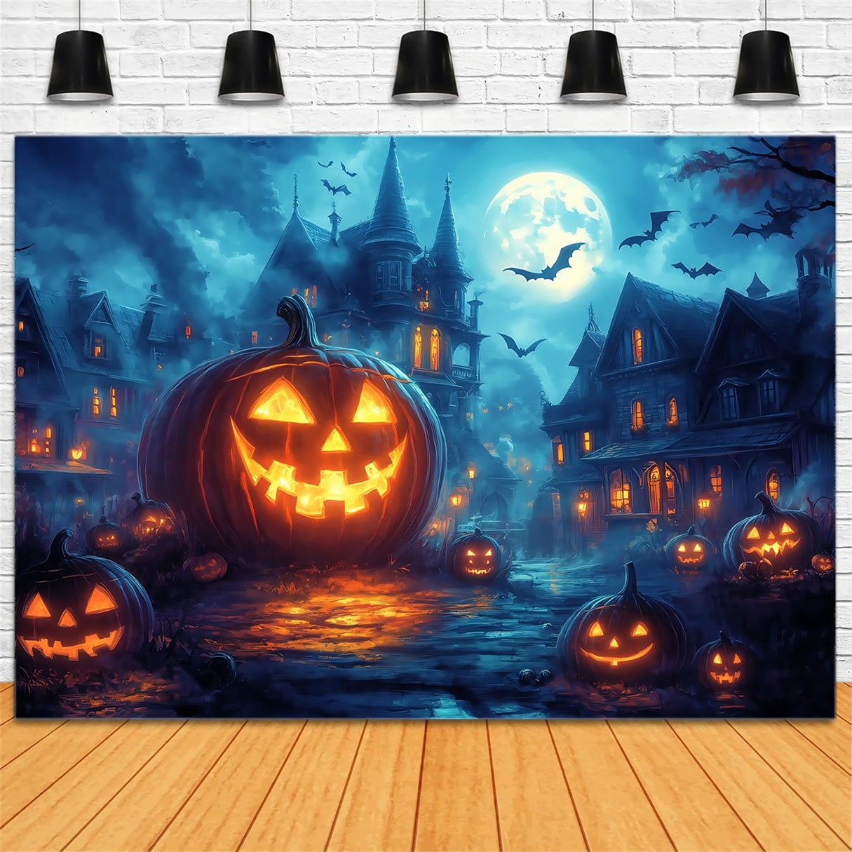 Halloween Graveyard Backdrop Glowing Jack-O’-Lantern Street under Full Moon Halloween Photography Backdrop UK TWW58-45