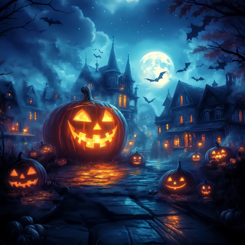 Halloween Graveyard Backdrop Glowing Jack-O’-Lantern Street under Full Moon Halloween Photography Backdrop UK TWW58-45