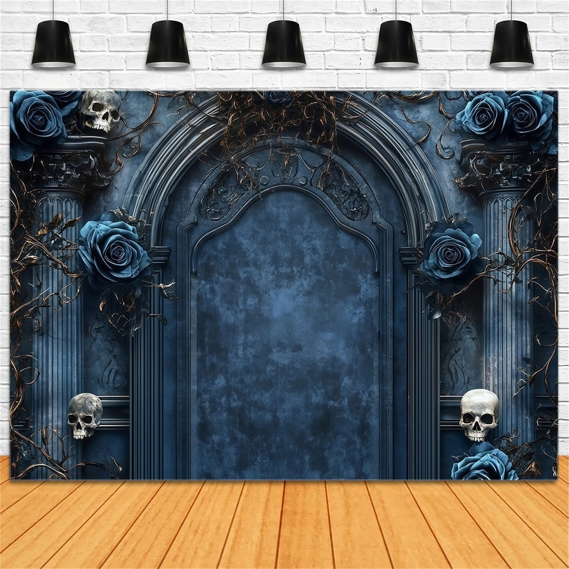 Garage Door Halloween Backdrop Gothic Arch with Blue Roses and Skulls Spooky Halloween Backdrop UK TWW58-46
