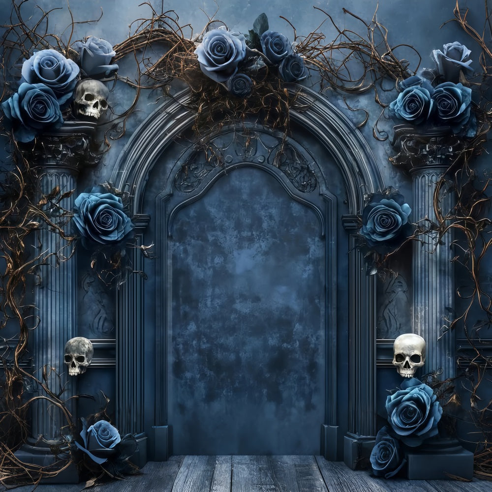 Garage Door Halloween Backdrop Gothic Arch with Blue Roses and Skulls Spooky Halloween Backdrop UK TWW58-46