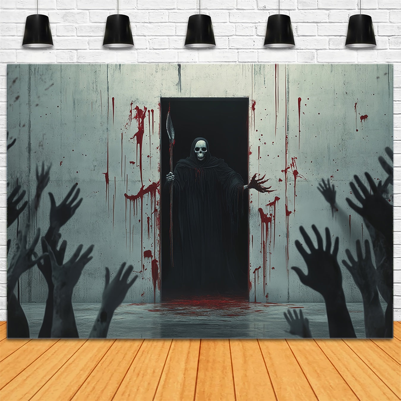 Halloween Wall Backdrop Bloodstained Wall with Grim Reaper Figure Scary Halloween Backdrops UK TWW58-47