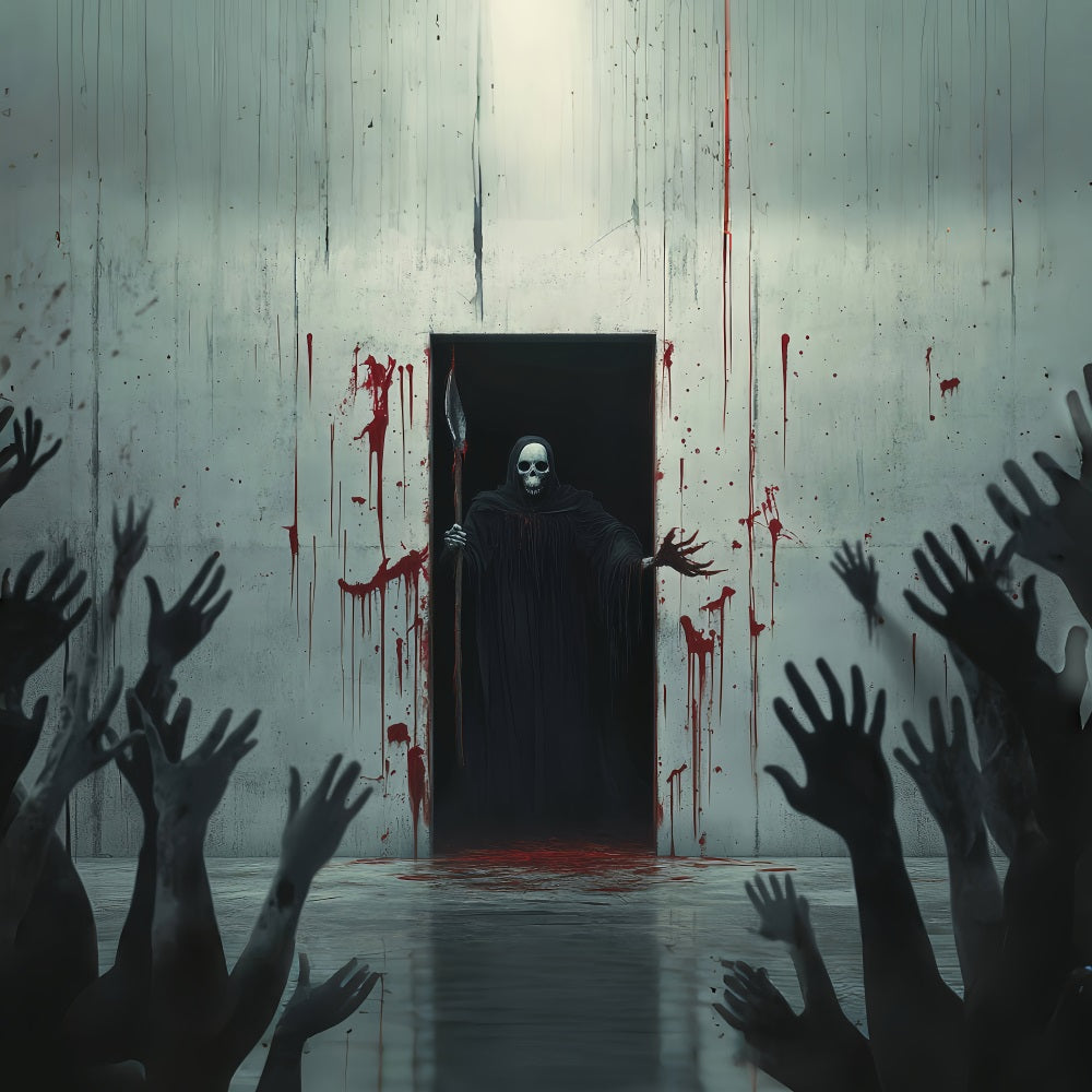 Halloween Wall Backdrop Bloodstained Wall with Grim Reaper Figure Scary Halloween Backdrops UK TWW58-47