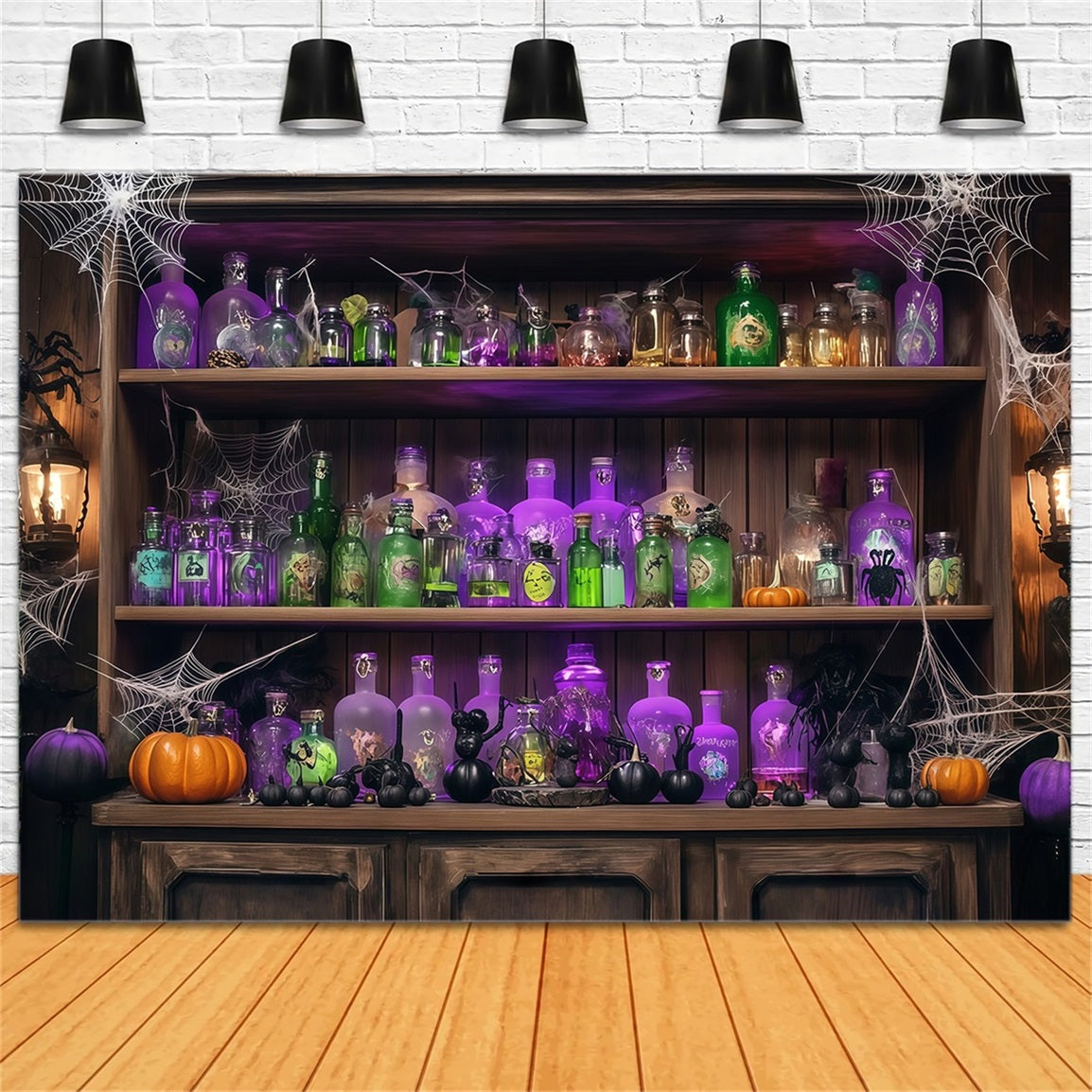 Halloween Wall Backdrop Potion Bottles and Cobwebs on Wooden Shelf Halloween Backdrops UK TWW58-48