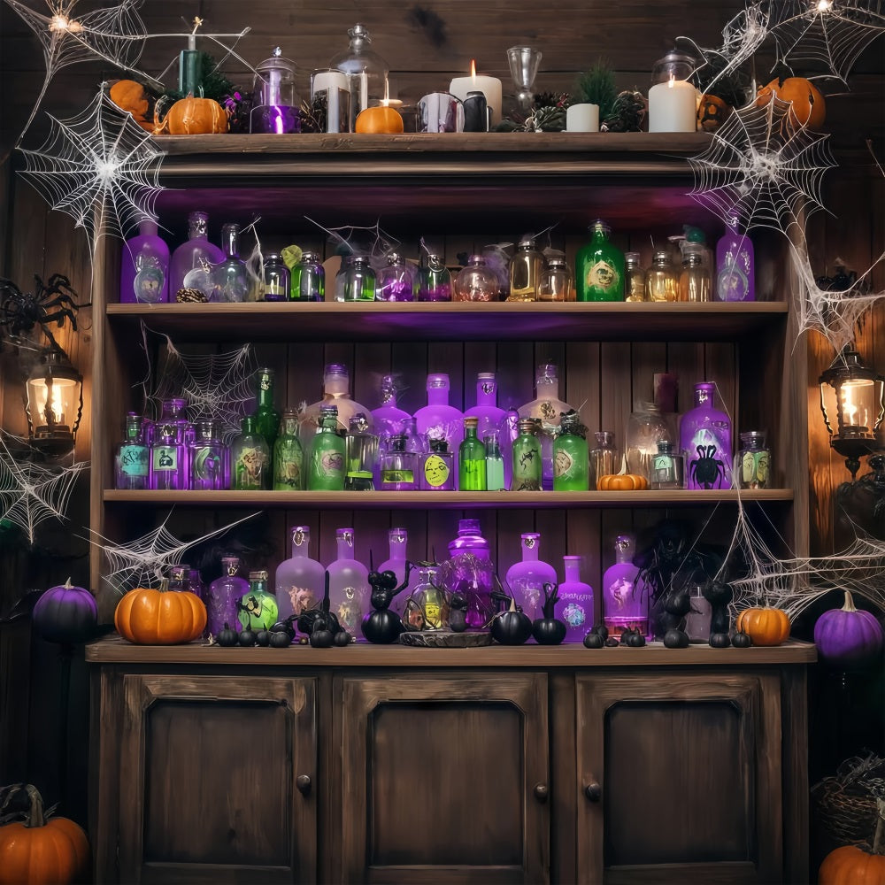 Halloween Wall Backdrop Potion Bottles and Cobwebs on Wooden Shelf Halloween Backdrops UK TWW58-48