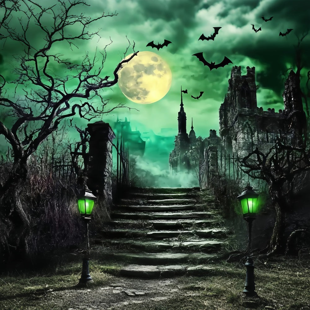 Halloween Graveyard Backdrop Haunted Castle Stairs under Green Moon Halloween Photo Backdrops UK TWW58-52