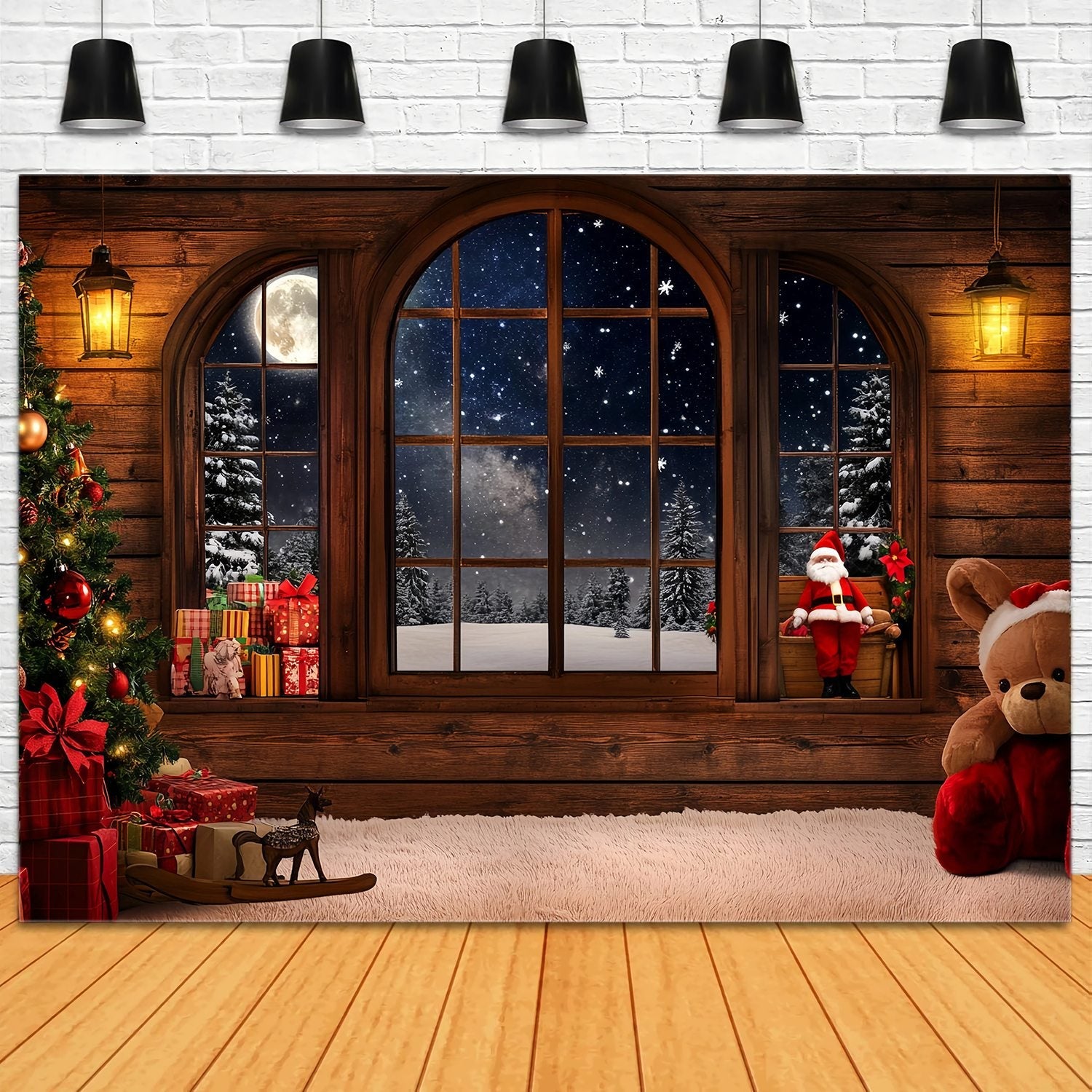 Santa Backdrop Cozy Cabin Window Santa Gifts Christmas Backdrop UK TWW58-53