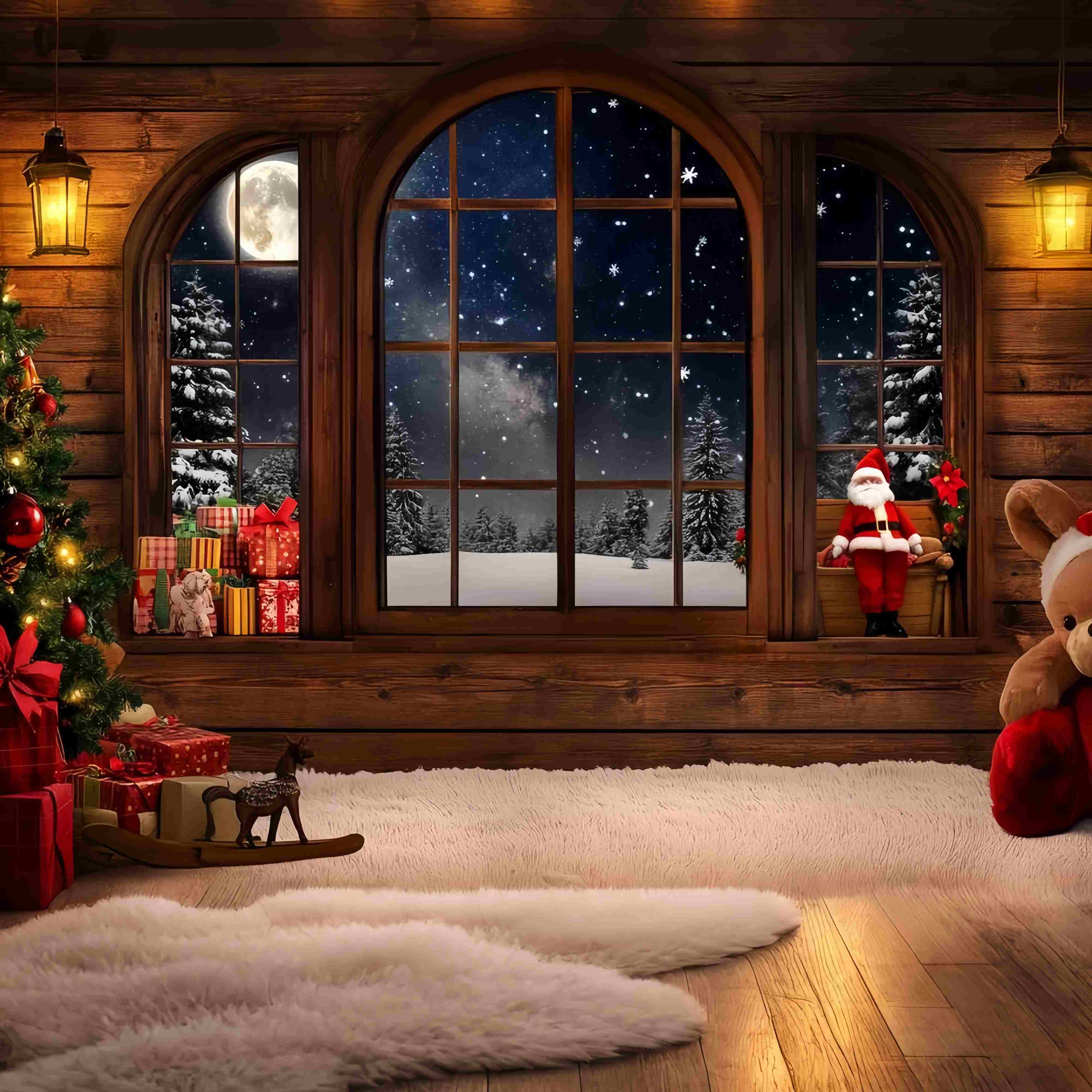 Santa Backdrop Cozy Cabin Window Santa Gifts Christmas Backdrop UK TWW58-53