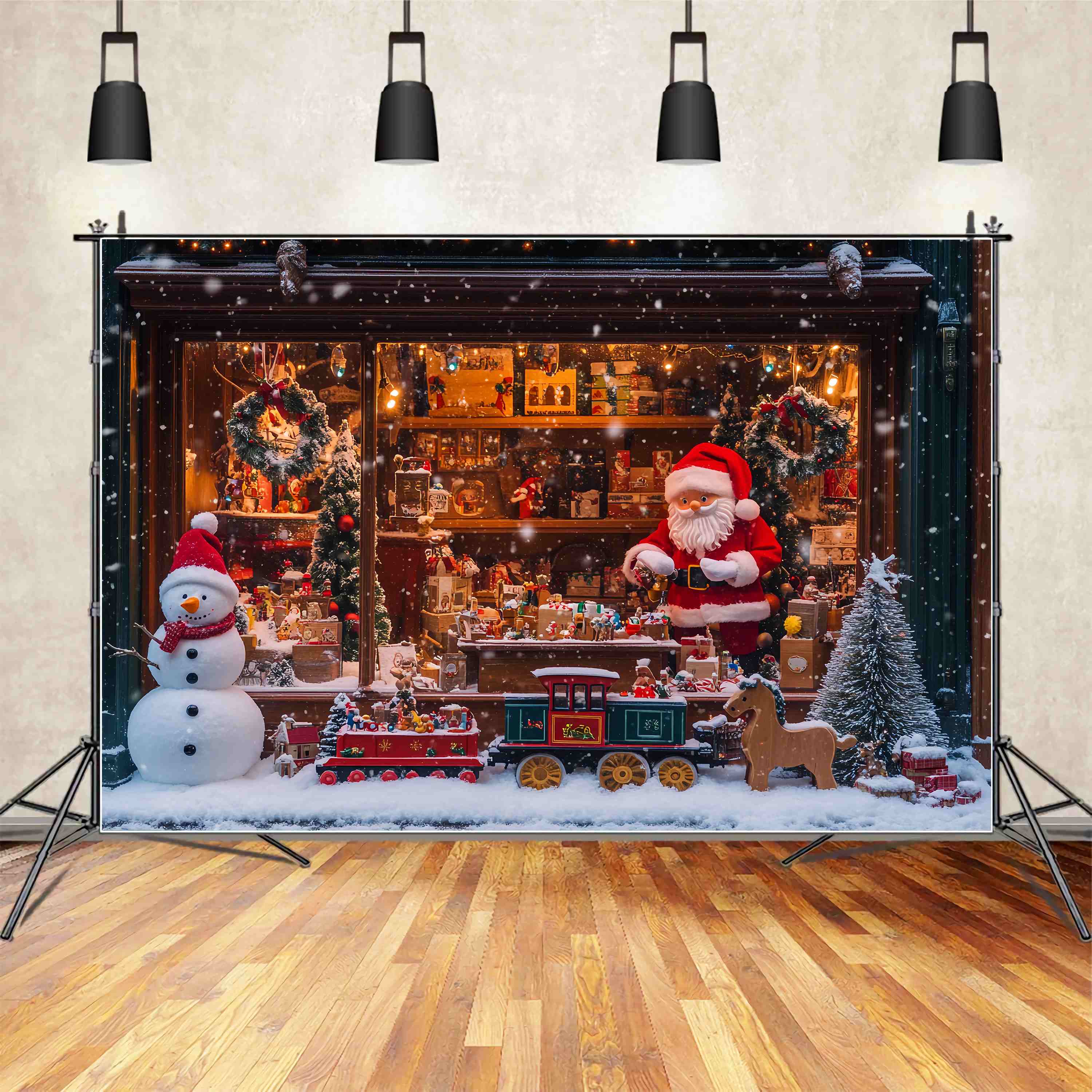 Santa's Workshop Backdrop Snowy Toy Shop Santa Train Christmas Photo Backdrop UK TWW58-55