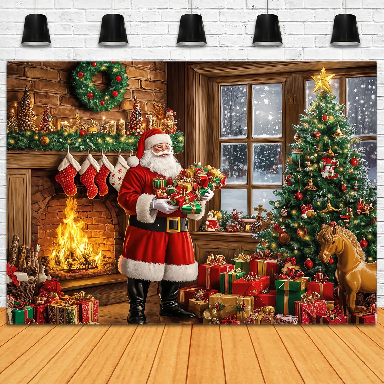 Santa Backdrops Santa Fireplace Gift Pile Christmas Backdrops for Photography UK TWW58-57