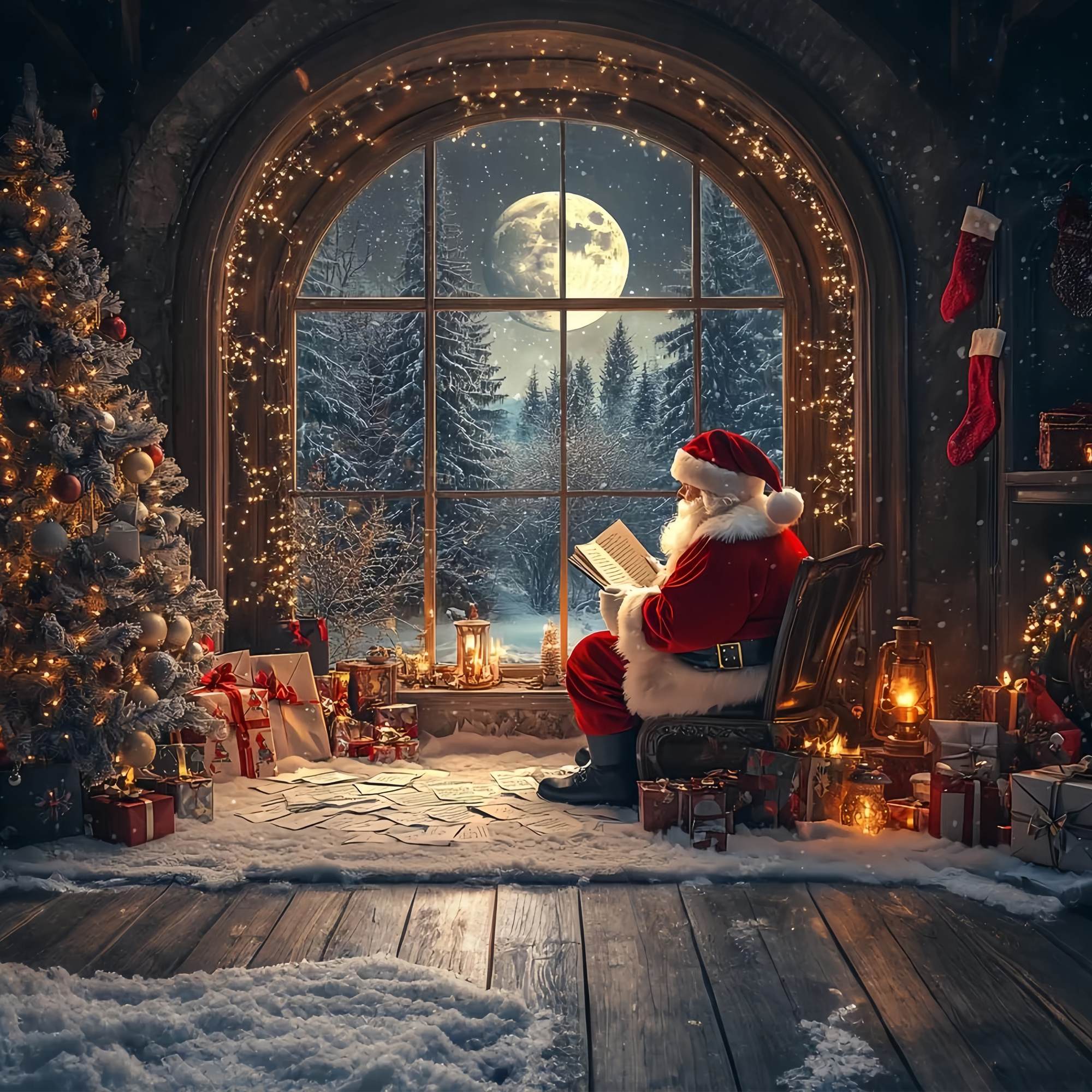 Santa Backdrop Santa Moonlit Window Reading Christmas Backdrop UK TWW58-58