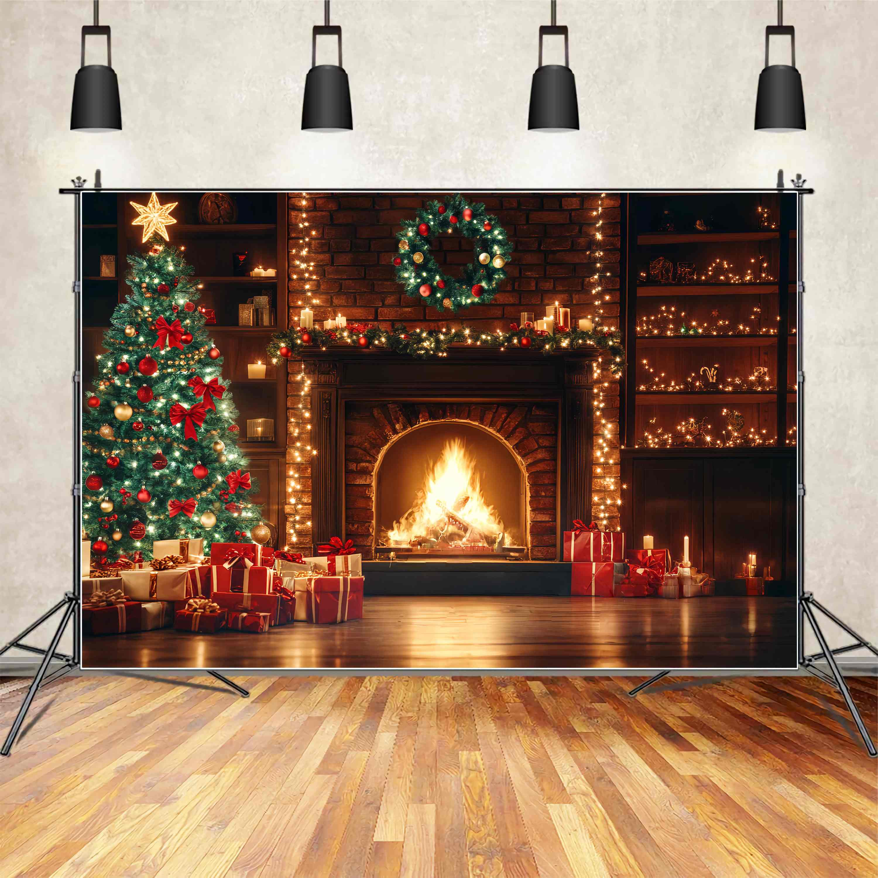 Christmas Fireplace Backdrop Fireplace Garland Christmas Tree Christmas Backdrops for Photography UK TWW58-59