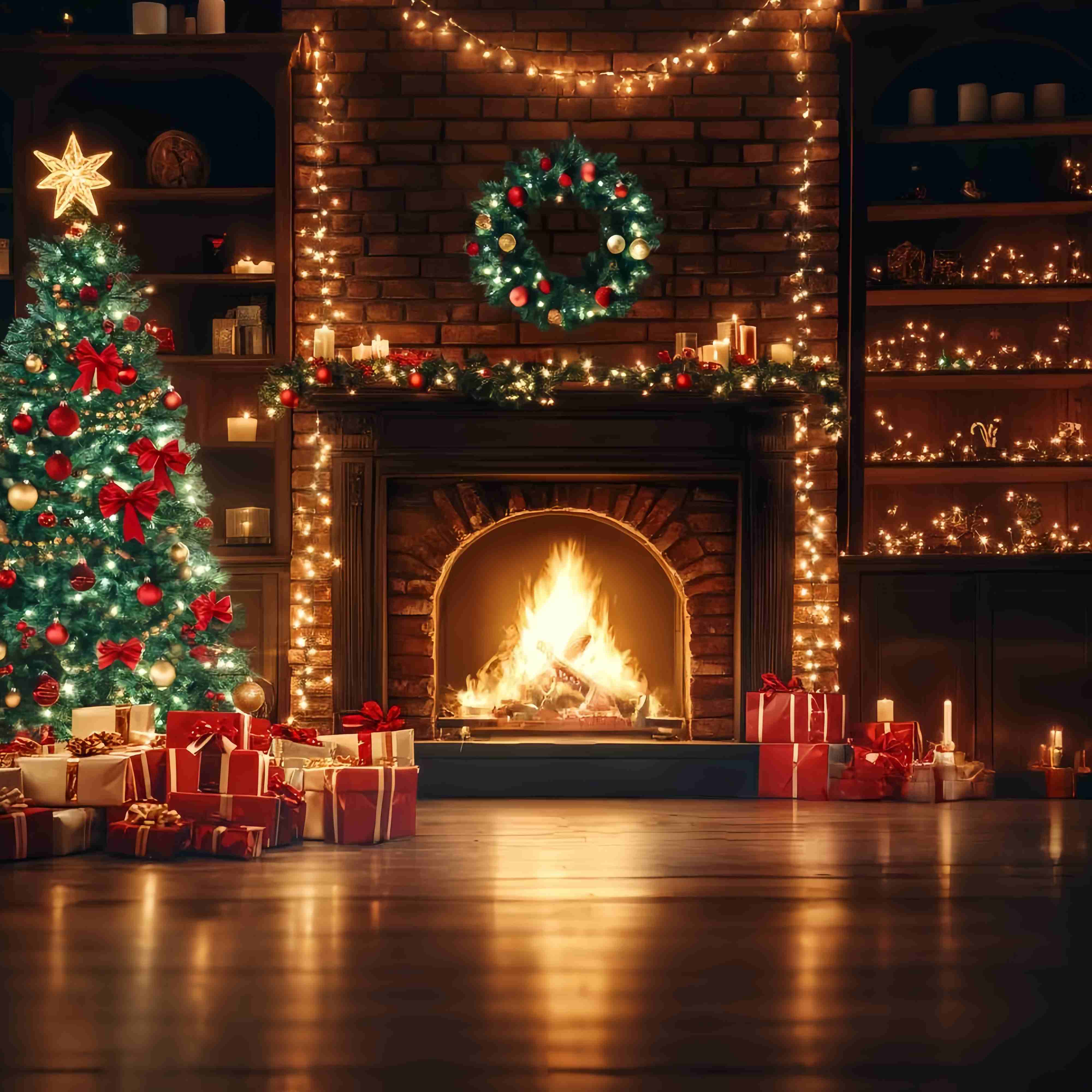 Christmas Fireplace Backdrop Fireplace Garland Christmas Tree Christmas Backdrops for Photography UK TWW58-59