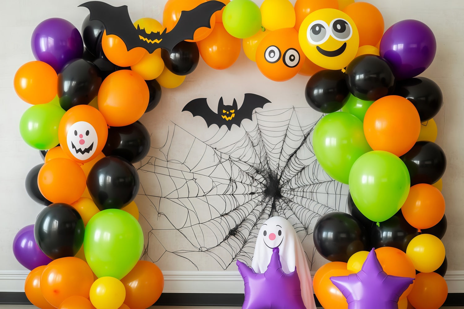Halloween Wall Backdrop Colorful Balloon Arch with Bats and Ghosts Halloween Backdrops UK TWW58-6