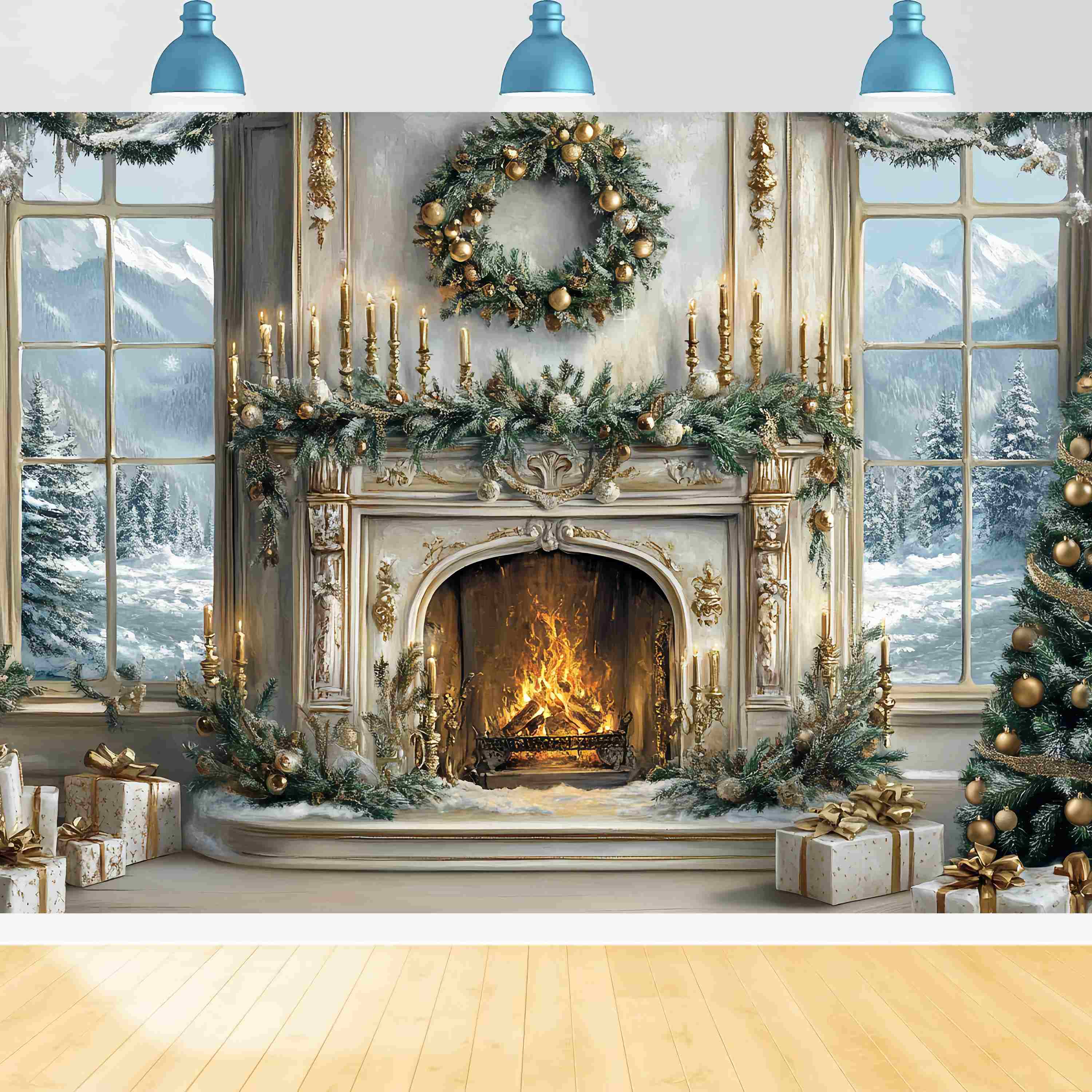 Christmas Fireplace Backdrop Elegant White Gold Fireplace Tree Christmas Photo Backdrop UK TWW58-60