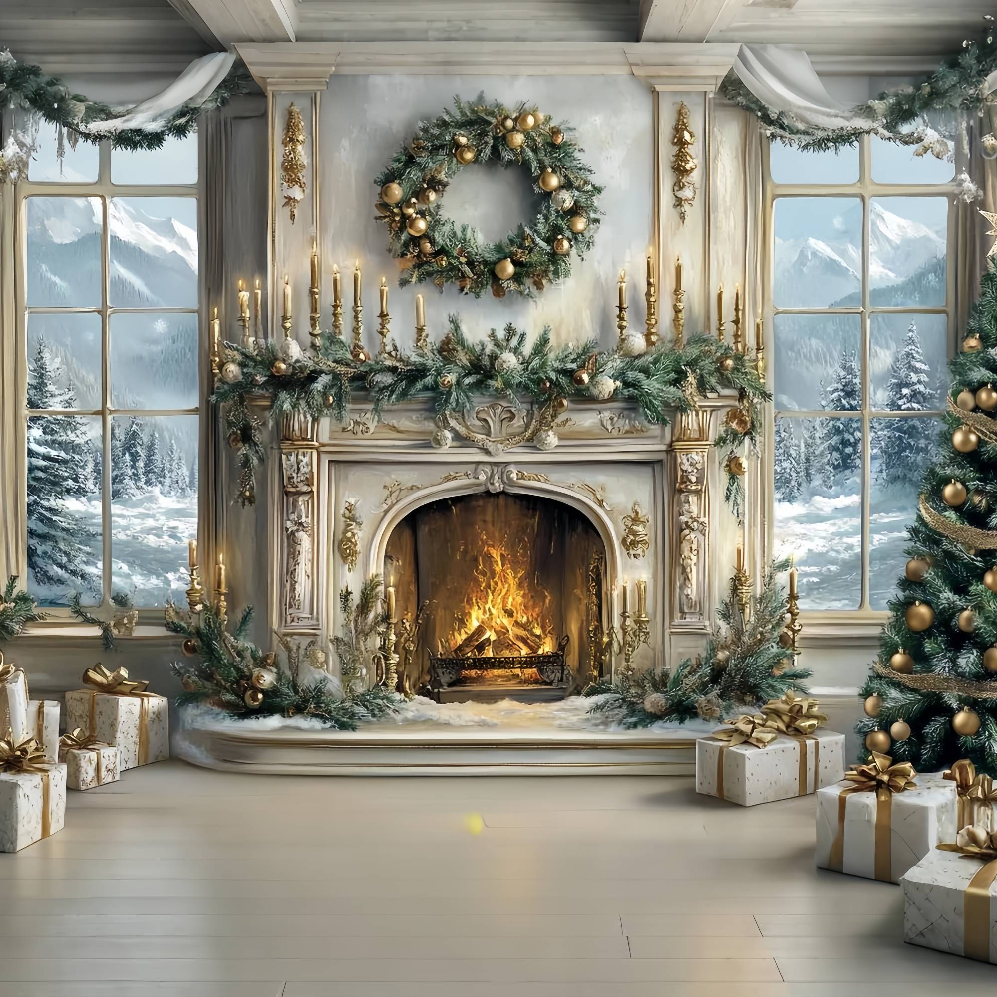 Christmas Fireplace Backdrop Elegant White Gold Fireplace Tree Christmas Photo Backdrop UK TWW58-60
