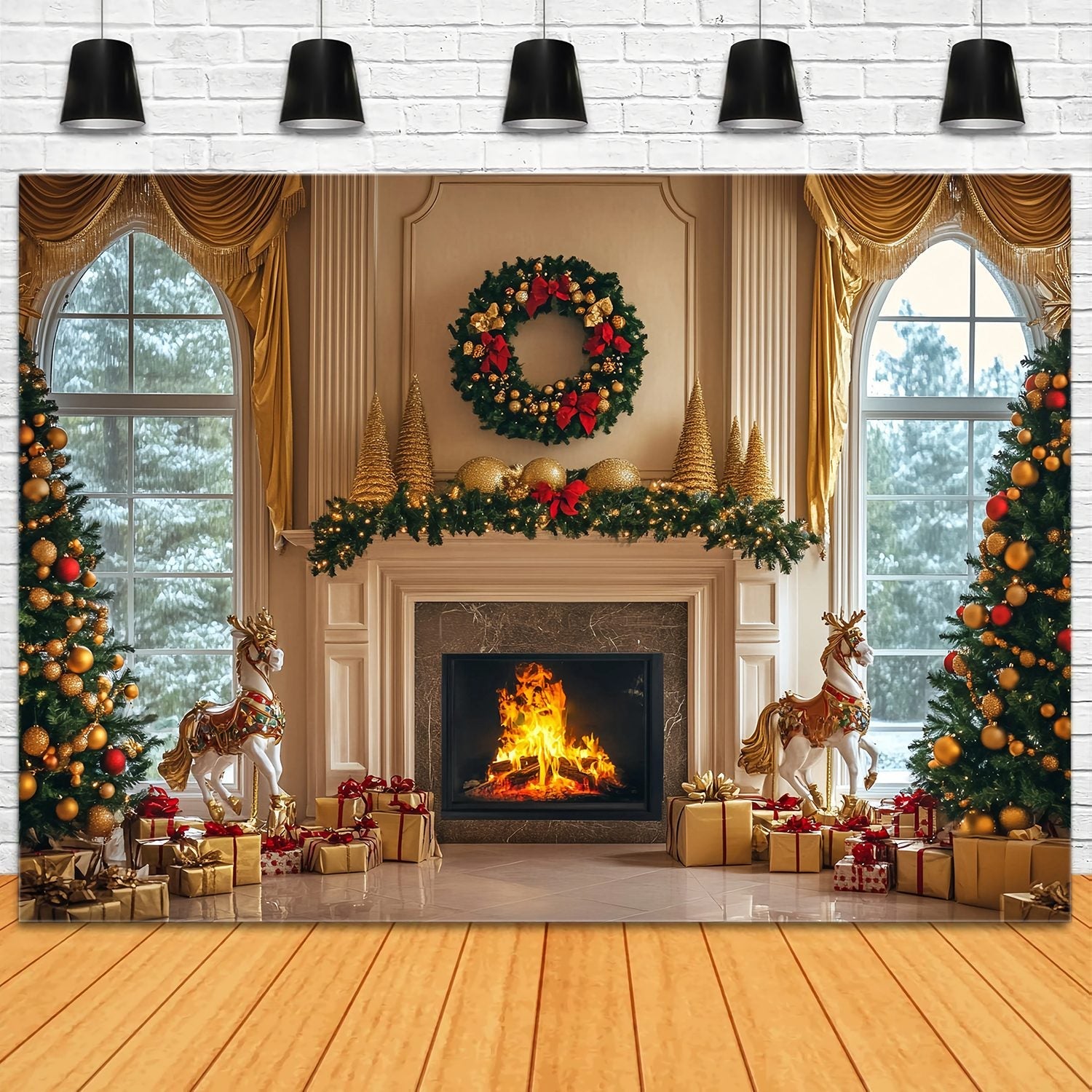 Christmas Fireplace Backdrop Golden Fireplace Wreath Gift Trees Christmas Backdrop Photography UK TWW58-61